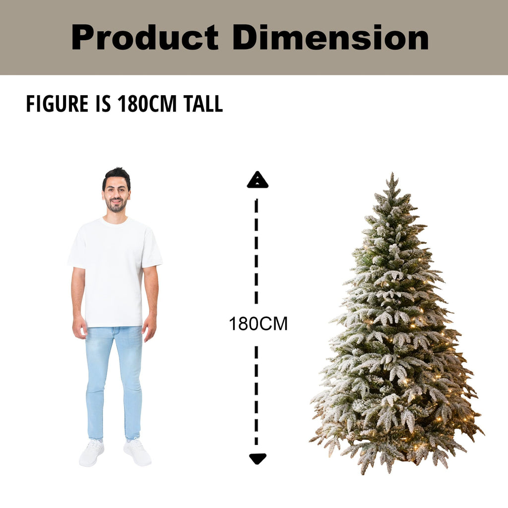 6ft/1.8m Pre-Lit Artificial Christmas Tree Lapland Fir - 260 LED Warm White Lights, Snow Flocked 935 PE/PVC Tips, Snowy Bushy Hinged Branches, Metal Stand for Xmas Home Decorations