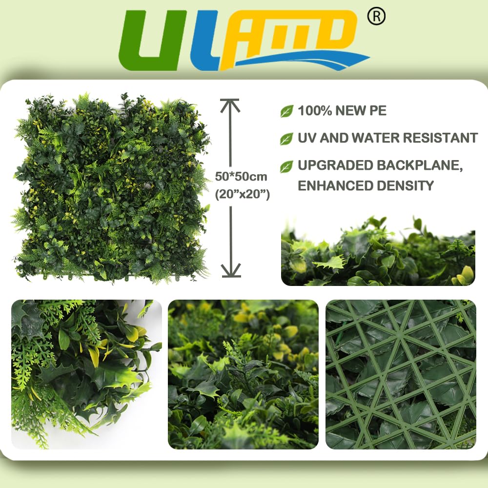 ULAND Artificial Plants Wall, 12 PCS of 50 x 50cm, Grass Wall Panels, Greenery Hedges, Living Backdrop Fence Screening, Home Garden Outdoor Wall Decoration (12, A213)