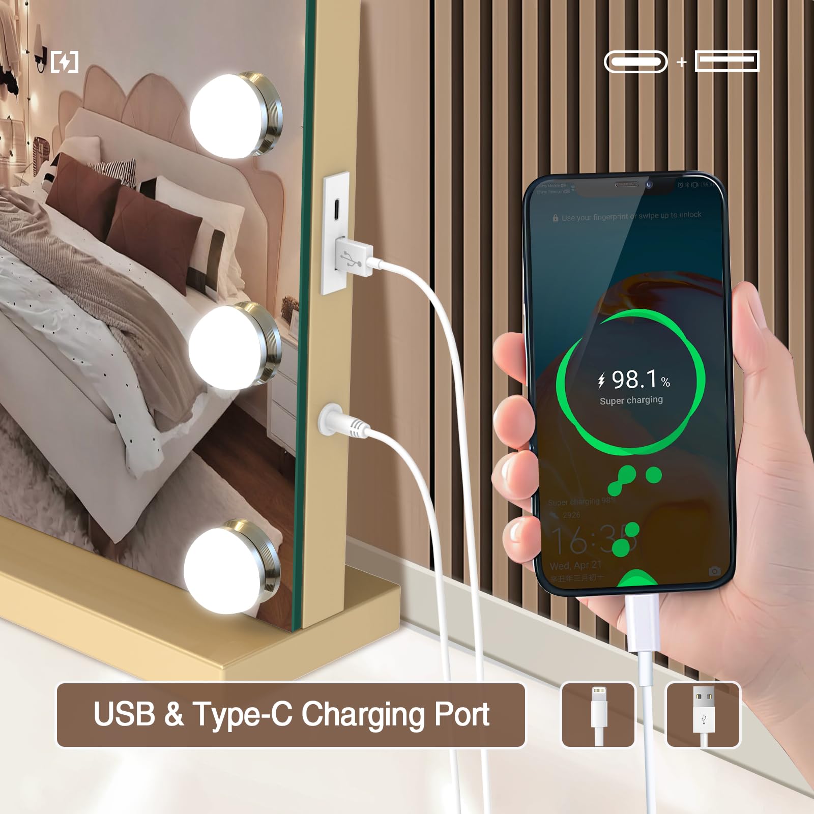 halumao Vanity Mirror with Lights, 80 x 60CM Large Makeup Mirror with LED Lights, Smart Touch Dimmable 3-Color Light, Memory Function, USB Charging Port