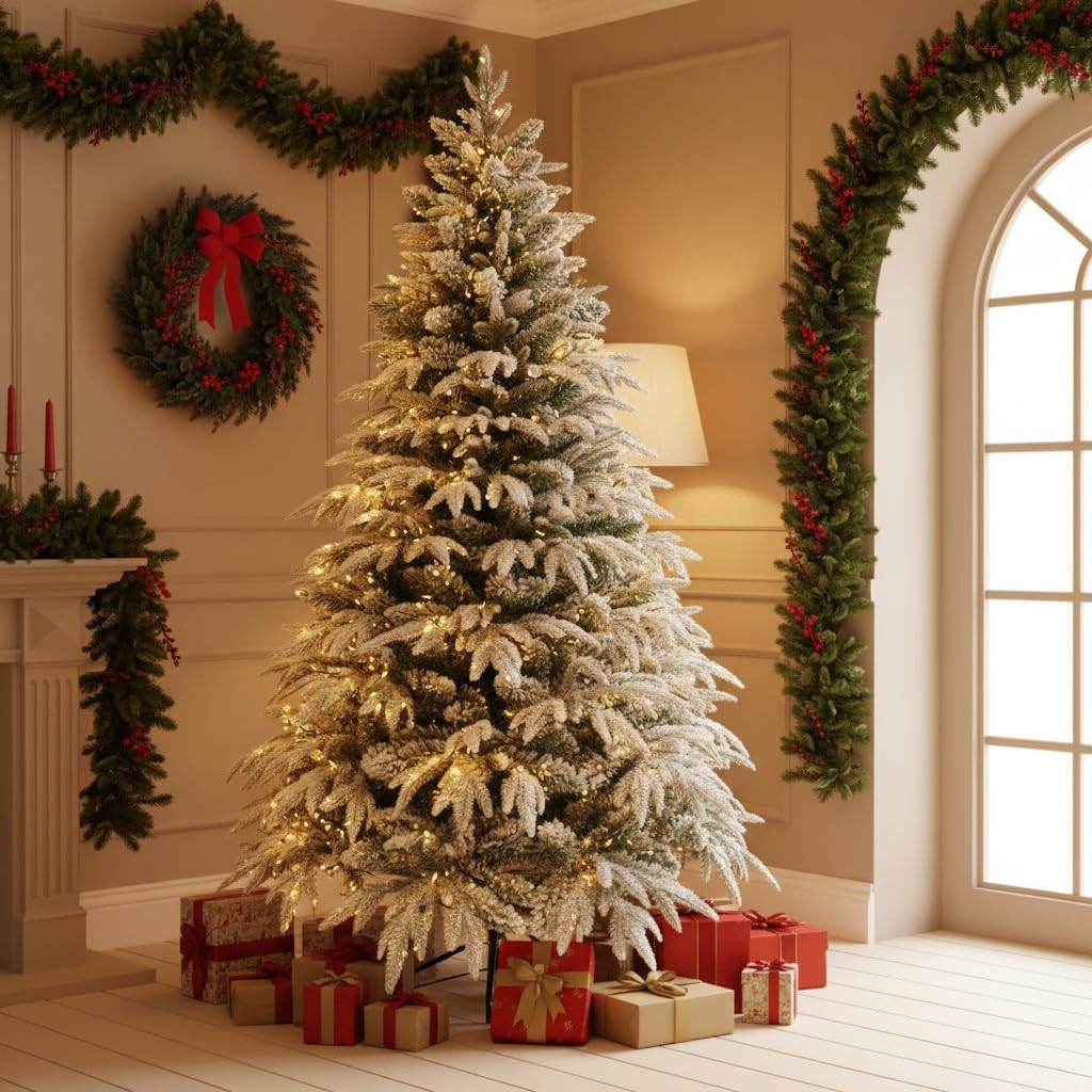 6ft/1.8m Pre-Lit Artificial Christmas Tree Lapland Fir - 260 LED Warm White Lights, Snow Flocked 935 PE/PVC Tips, Snowy Bushy Hinged Branches, Metal Stand for Xmas Home Decorations