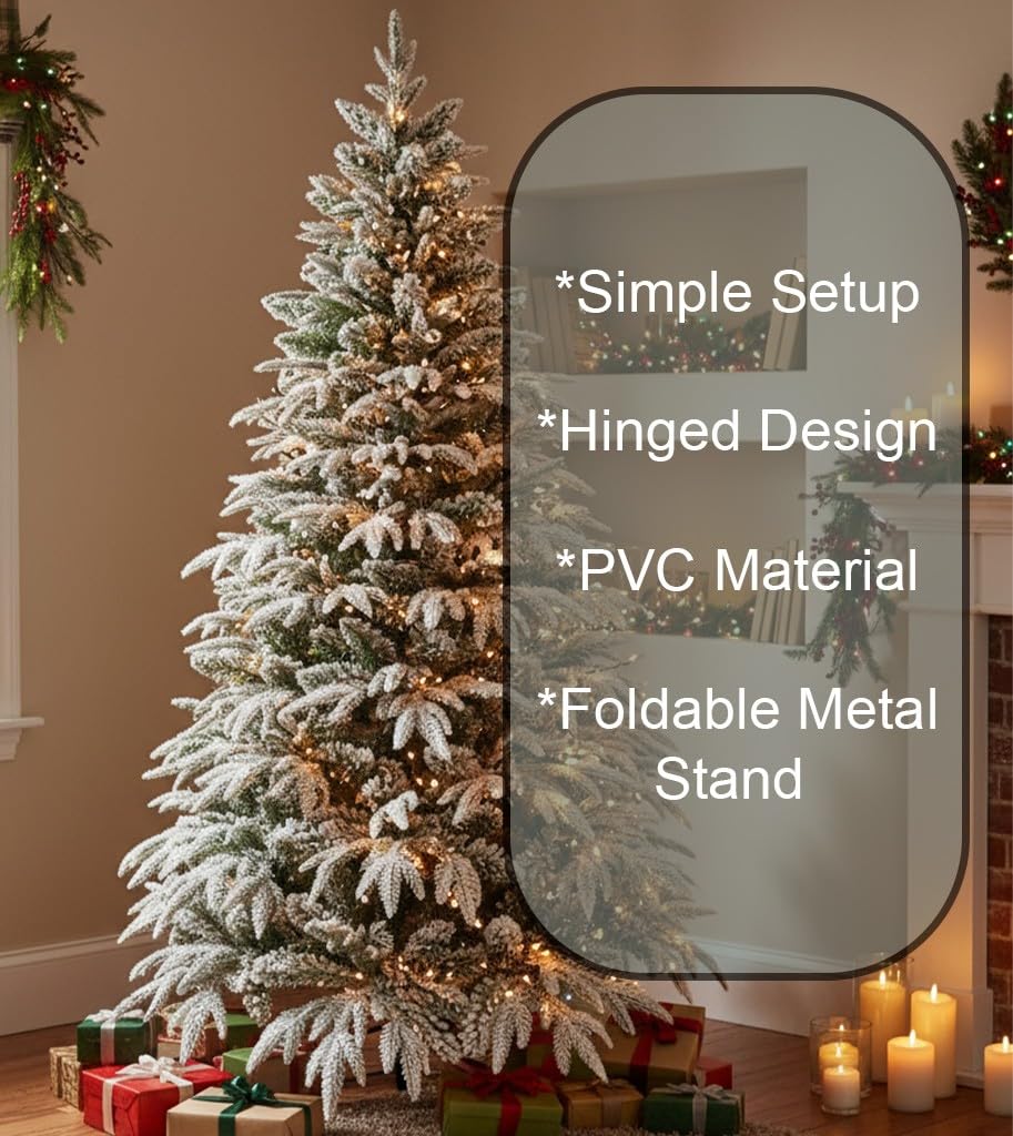 7ft/2.1m Lapland Fir Snow Covered Bushy Artificial Christmas Tree Flocked 1205 PE/PVC Tips Hinged Branches Metal Stand Xmas Home Snowy Decorations