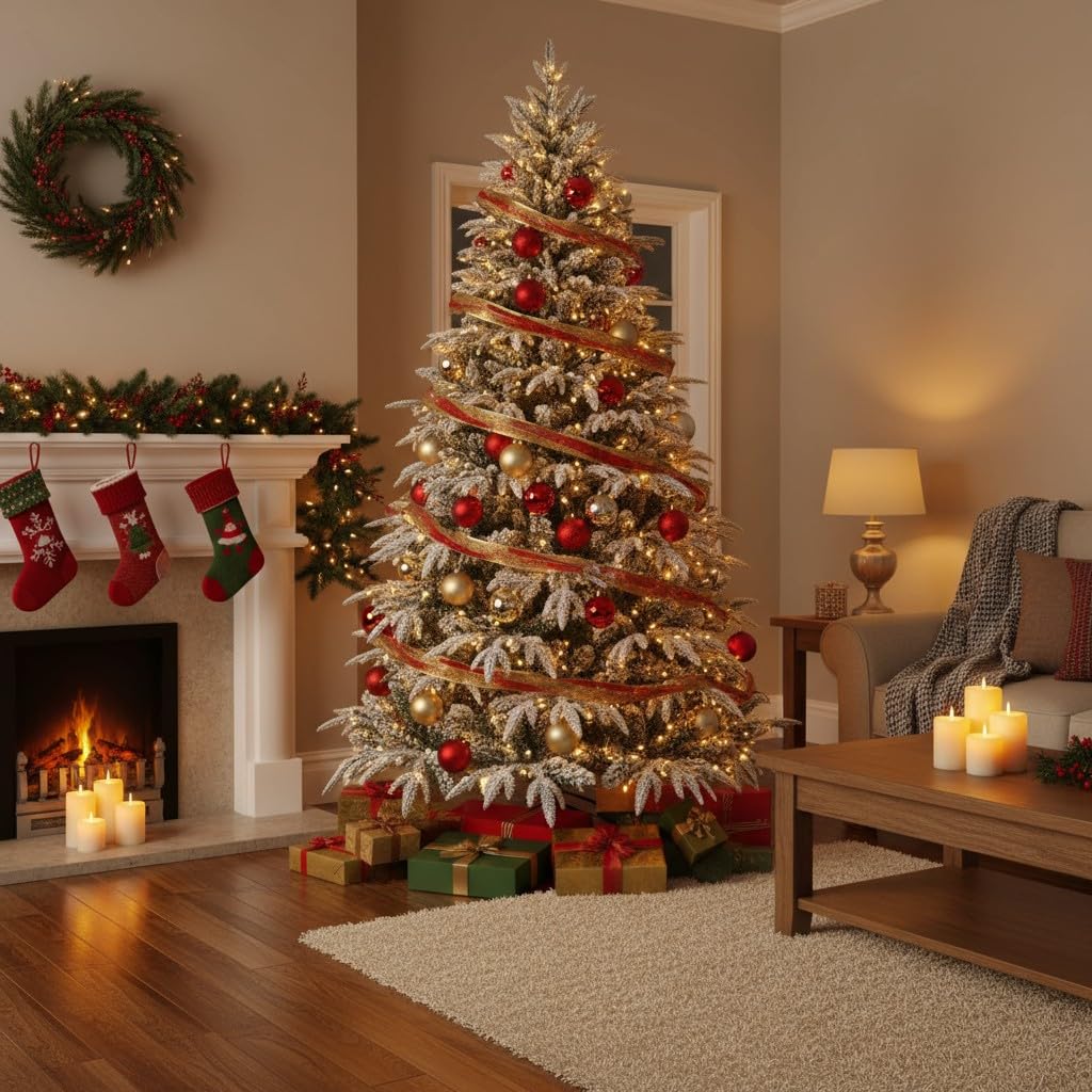 7ft/2.1m Lapland Fir Snow Covered Bushy Artificial Christmas Tree Flocked 1205 PE/PVC Tips Hinged Branches Metal Stand Xmas Home Snowy Decorations