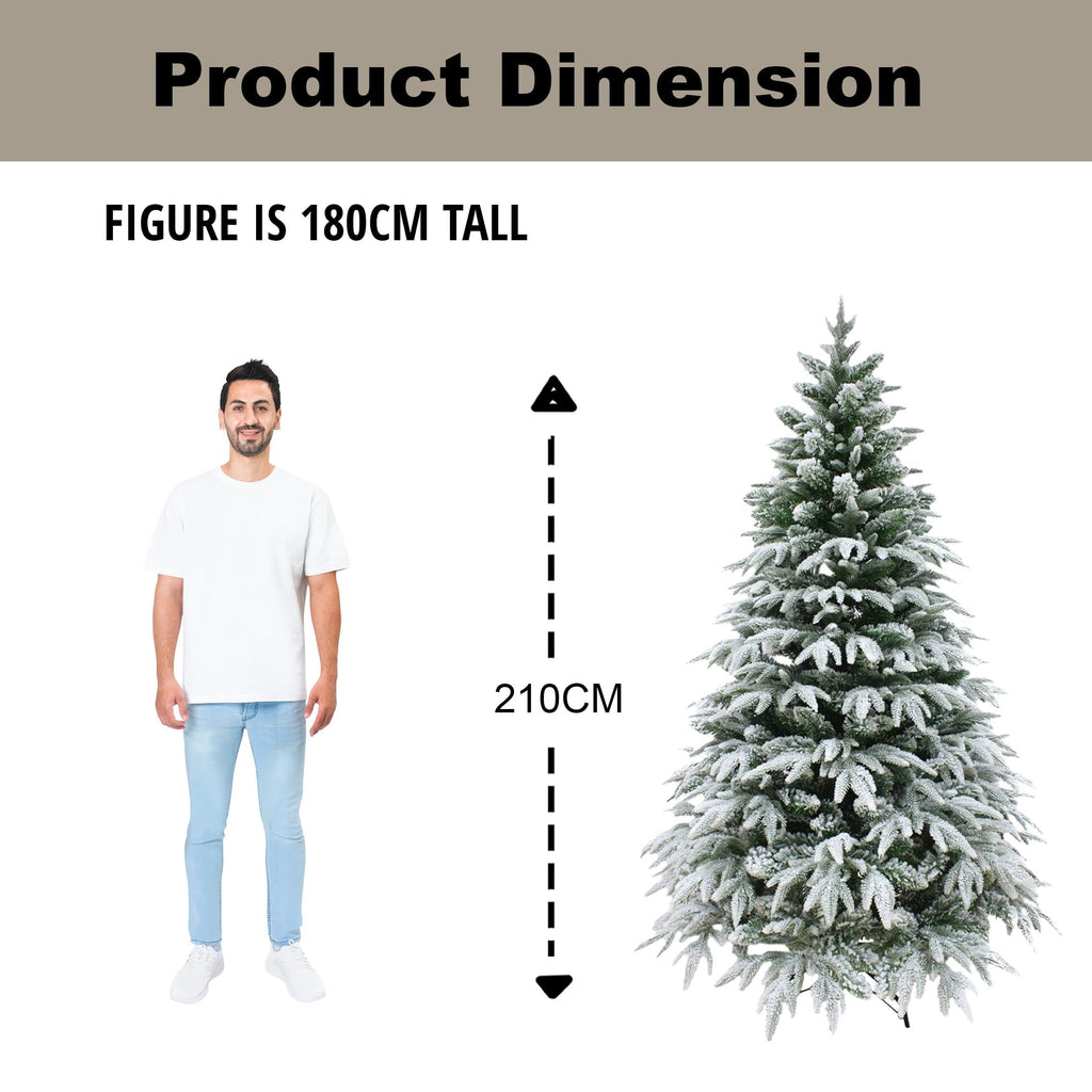 7ft/2.1m Lapland Fir Snow Covered Bushy Artificial Christmas Tree Flocked 1205 PE/PVC Tips Hinged Branches Metal Stand Xmas Home Snowy Decorations