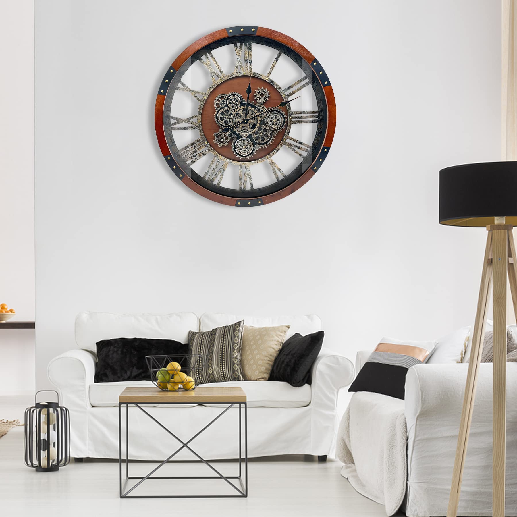 DORBOKER Real Moving Gears Wall Clock, Large Wall Clock for Living Room Kitchen (Black Walnut - Bronze Gears, 60cm / 24 inch)