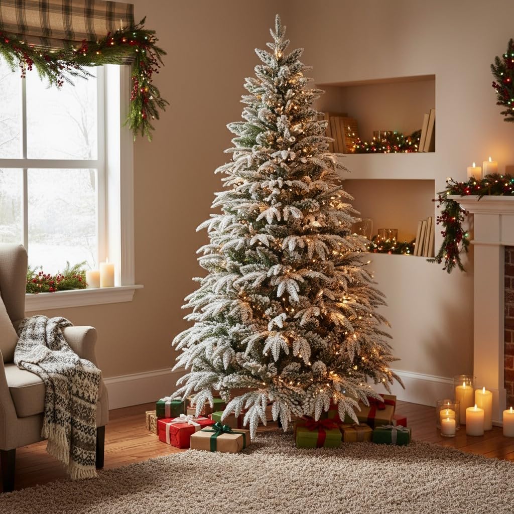 7ft/2.1m Lapland Fir Snow Covered Bushy Artificial Christmas Tree Flocked 1205 PE/PVC Tips Hinged Branches Metal Stand Xmas Home Snowy Decorations