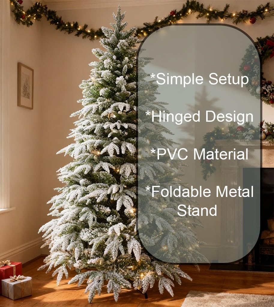 6ft/1.8m Pre-Lit Artificial Christmas Tree Lapland Fir - 260 LED Warm White Lights, Snow Flocked 935 PE/PVC Tips, Snowy Bushy Hinged Branches, Metal Stand for Xmas Home Decorations