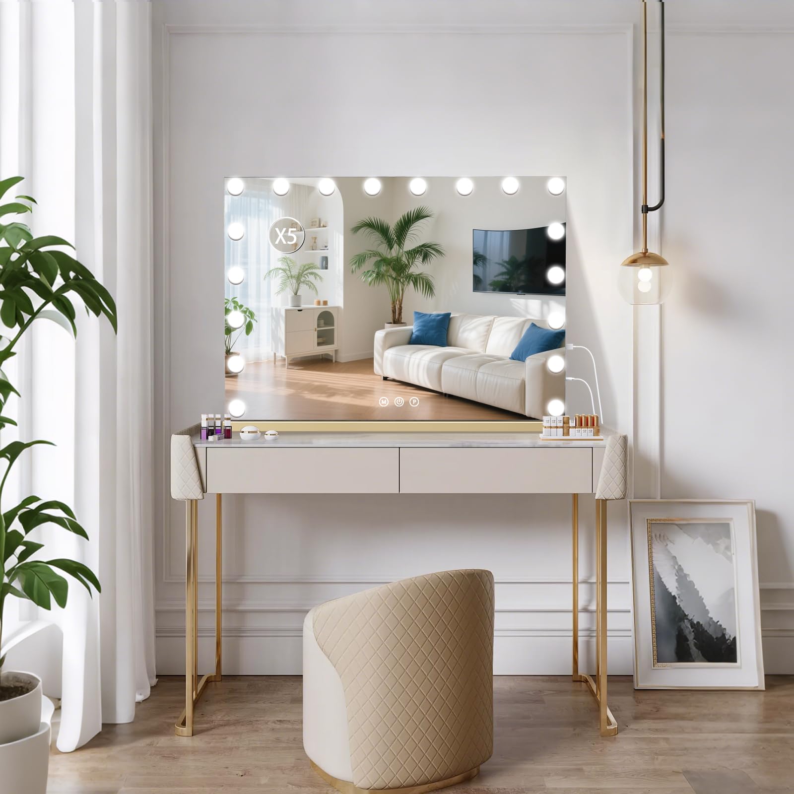 halumao Vanity Mirror with Lights, 80 x 60CM Large Makeup Mirror with LED Lights, Smart Touch Dimmable 3-Color Light, Memory Function, USB Charging Port