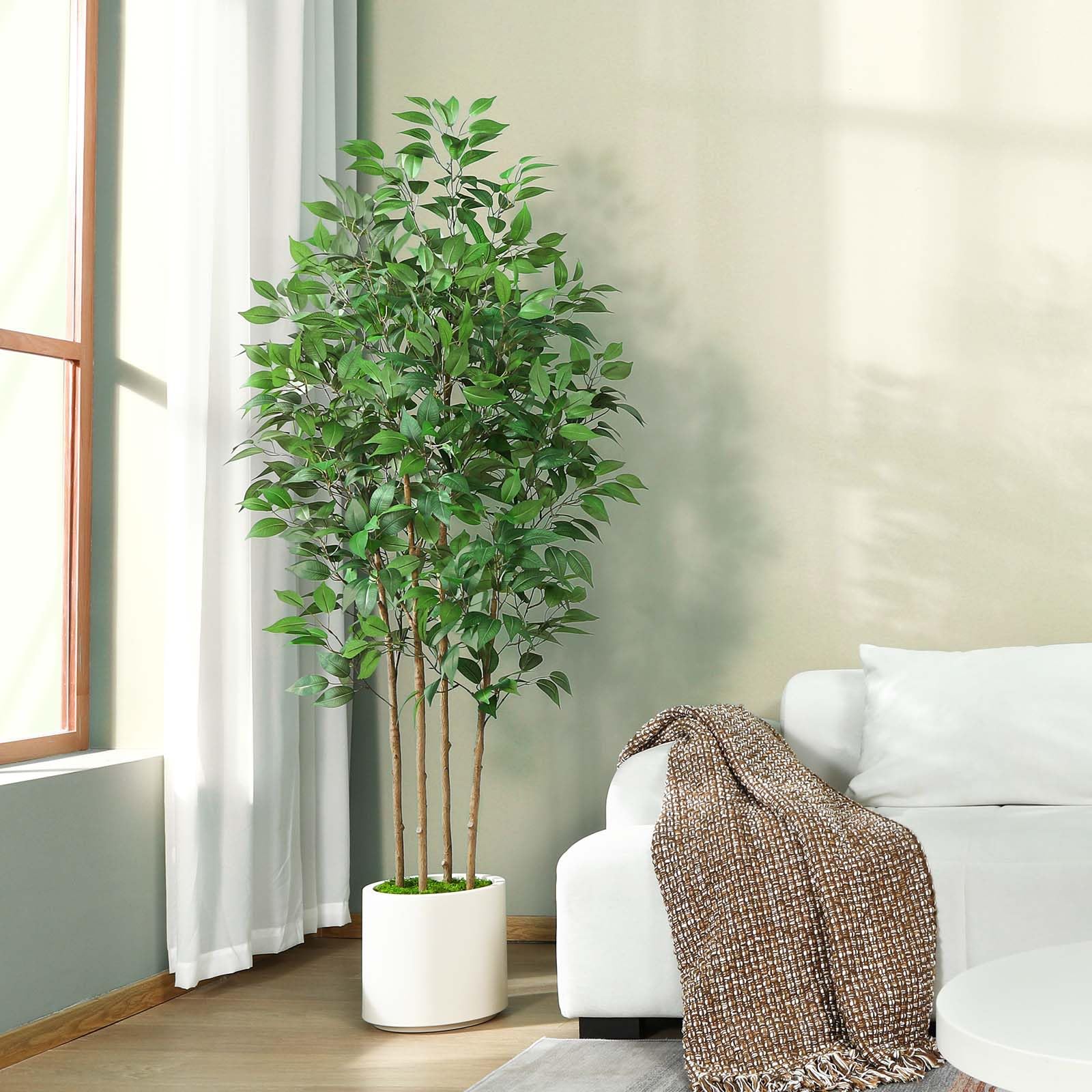 SOGUYI Ficus Artificial Tree 180cm Fake Silk Plant for Home Decor Indoor, Faux Floor Tree in White Imitation Ceramic Planter with Green Fake Moss for Home Office Corner Indoor Decor, Set of 1