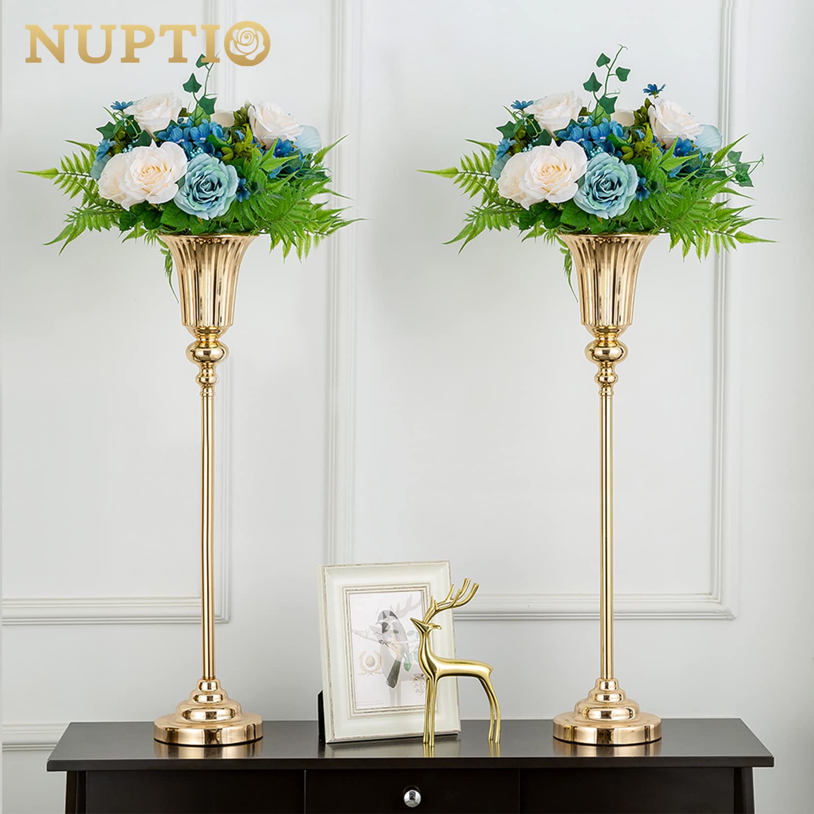 NUPTIO Gold Vase Centrepieces Tall: 10 Pcs 77.5cm Wedding Table Centerpieces Trumpet Vases Metal Flower Stand for Party Anniversary Ceremony Birthday Decorations