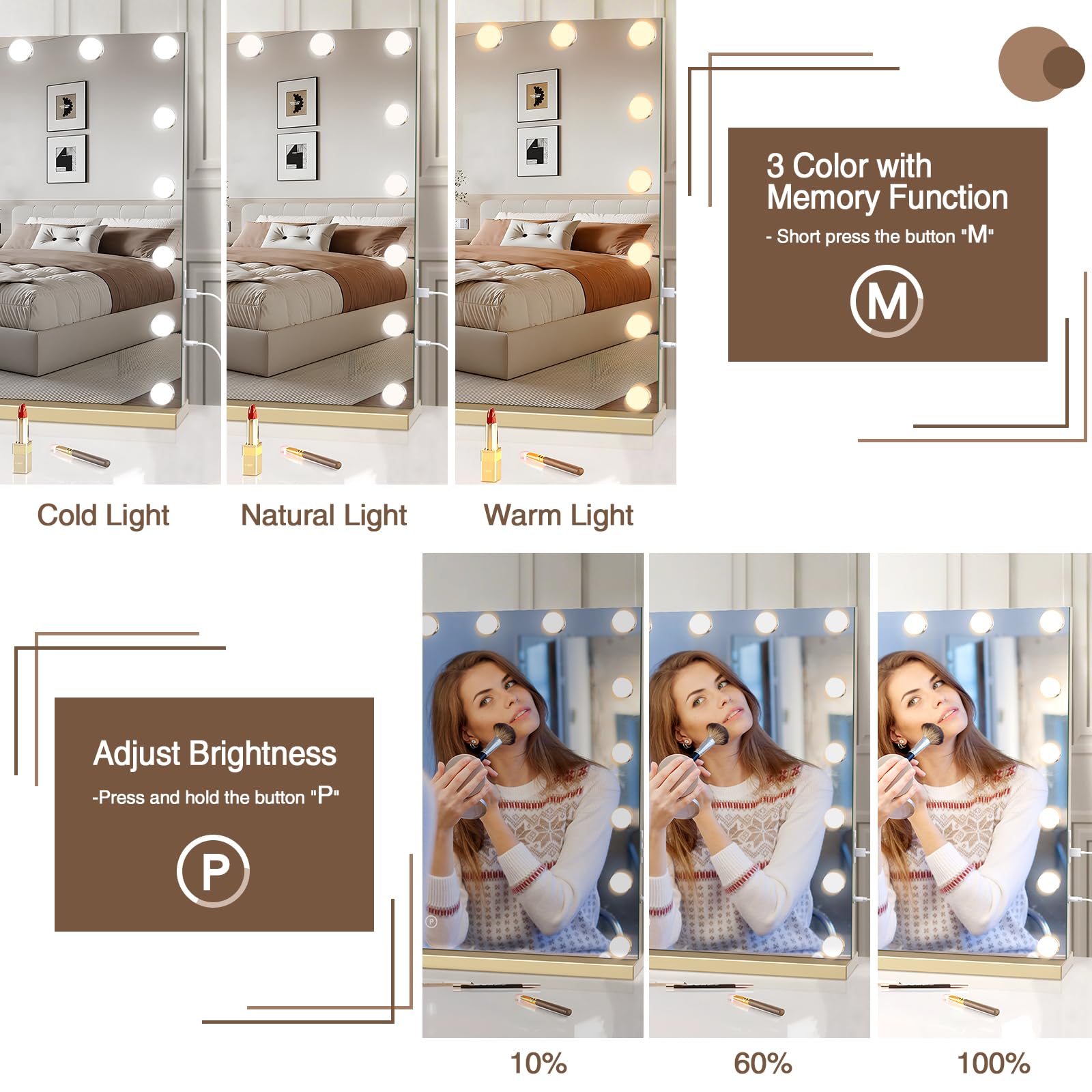 halumao Vanity Mirror with Lights, 80 x 60CM Large Makeup Mirror with LED Lights, Smart Touch Dimmable 3-Color Light, Memory Function, USB Charging Port