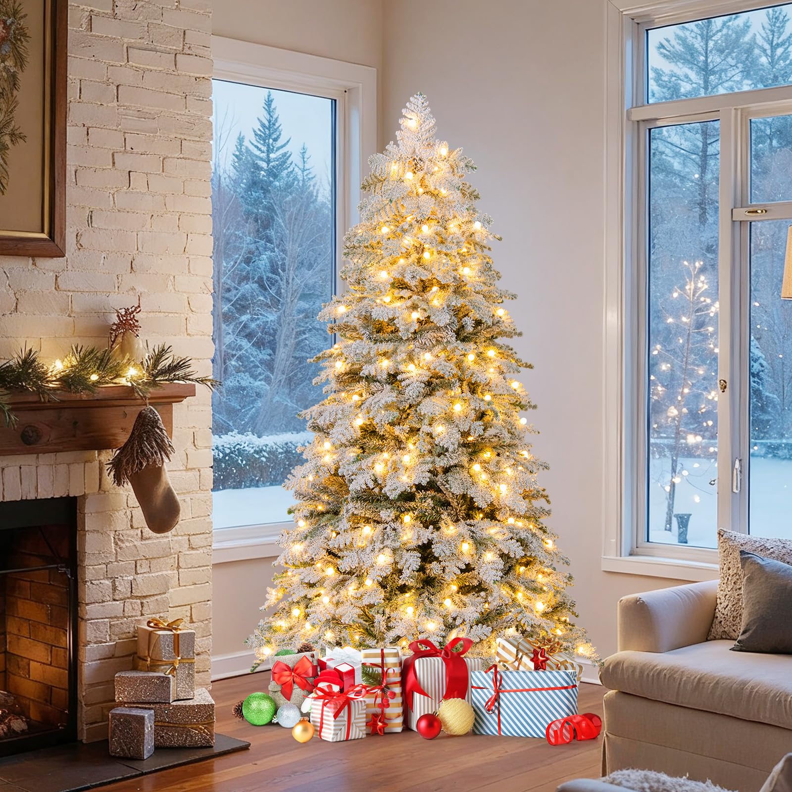 COSTWAY Pre-Lit Snow Flocked Christmas Tree, Hinged Artificial Xmas Tree with Warm-White LED Lights, Mixed Branch Tips, Foldable Metal Stand, Xmas Holiday Decor for Home Office (210 cm)