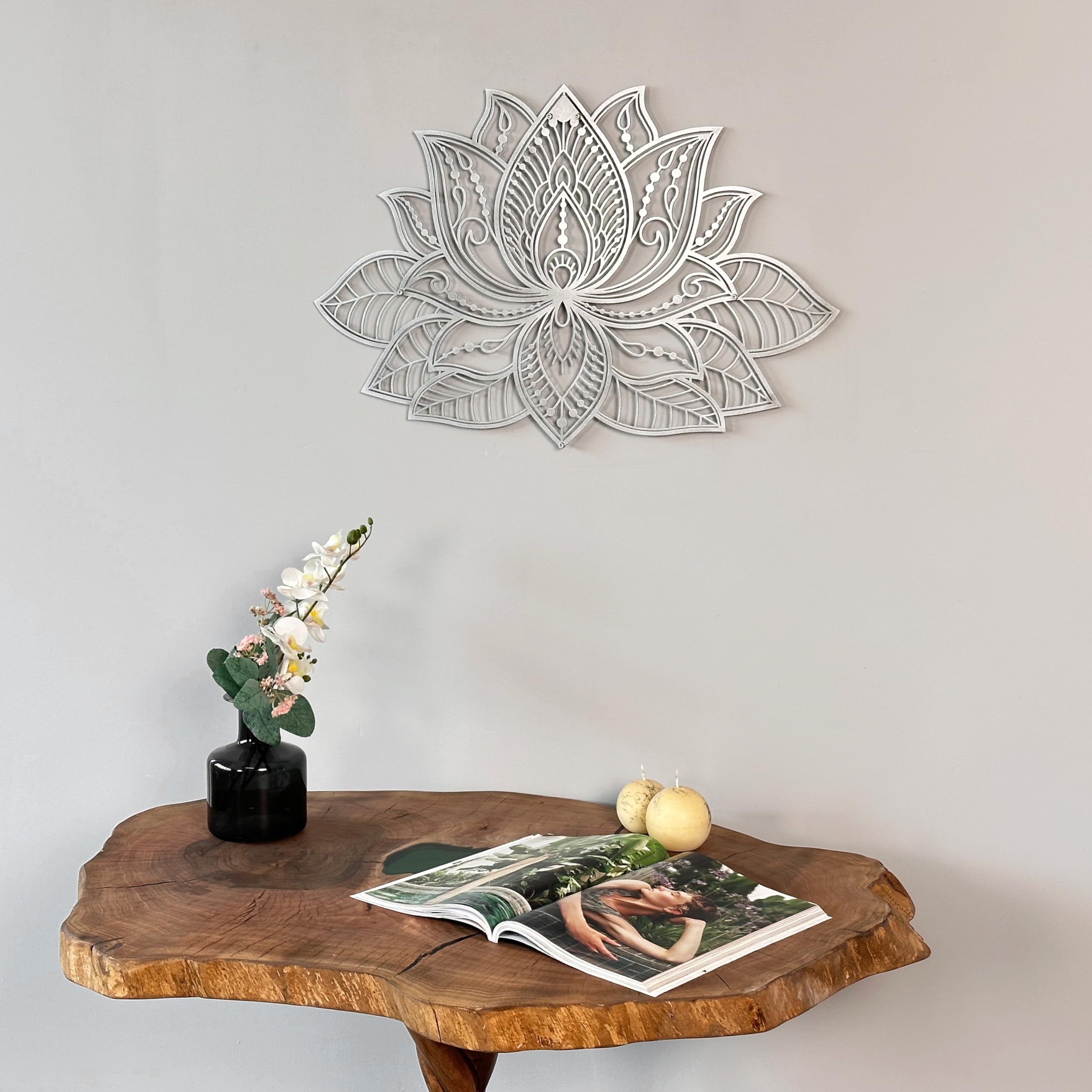 iwa concept 3D Mandala Metal Wall Decor | Lotus Flower Decoration for Homes | Bedroom Metal Wall Art | Office Decor | Living Room Decor | New Year Gift | (36" x 23" | 91 x 59 cm, Silver)