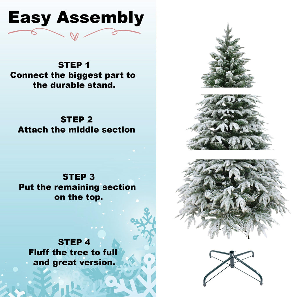 7ft/2.1m Lapland Fir Snow Covered Bushy Artificial Christmas Tree Flocked 1205 PE/PVC Tips Hinged Branches Metal Stand Xmas Home Snowy Decorations