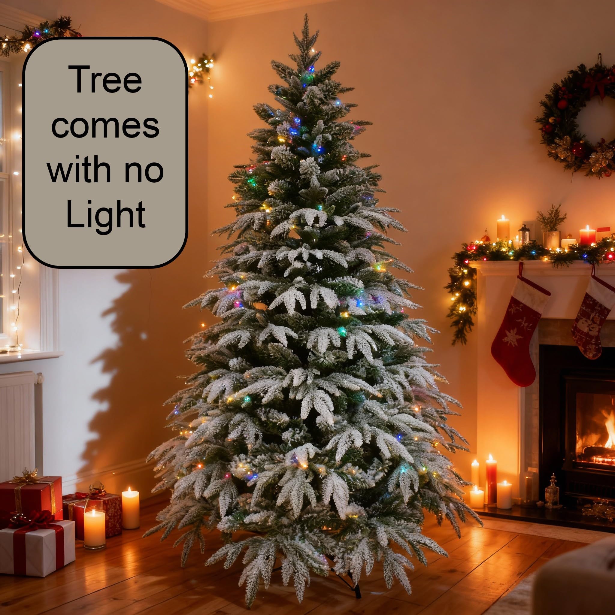 7ft/2.1m Lapland Fir Snow Covered Bushy Artificial Christmas Tree Flocked 1205 PE/PVC Tips Hinged Branches Metal Stand Xmas Home Snowy Decorations