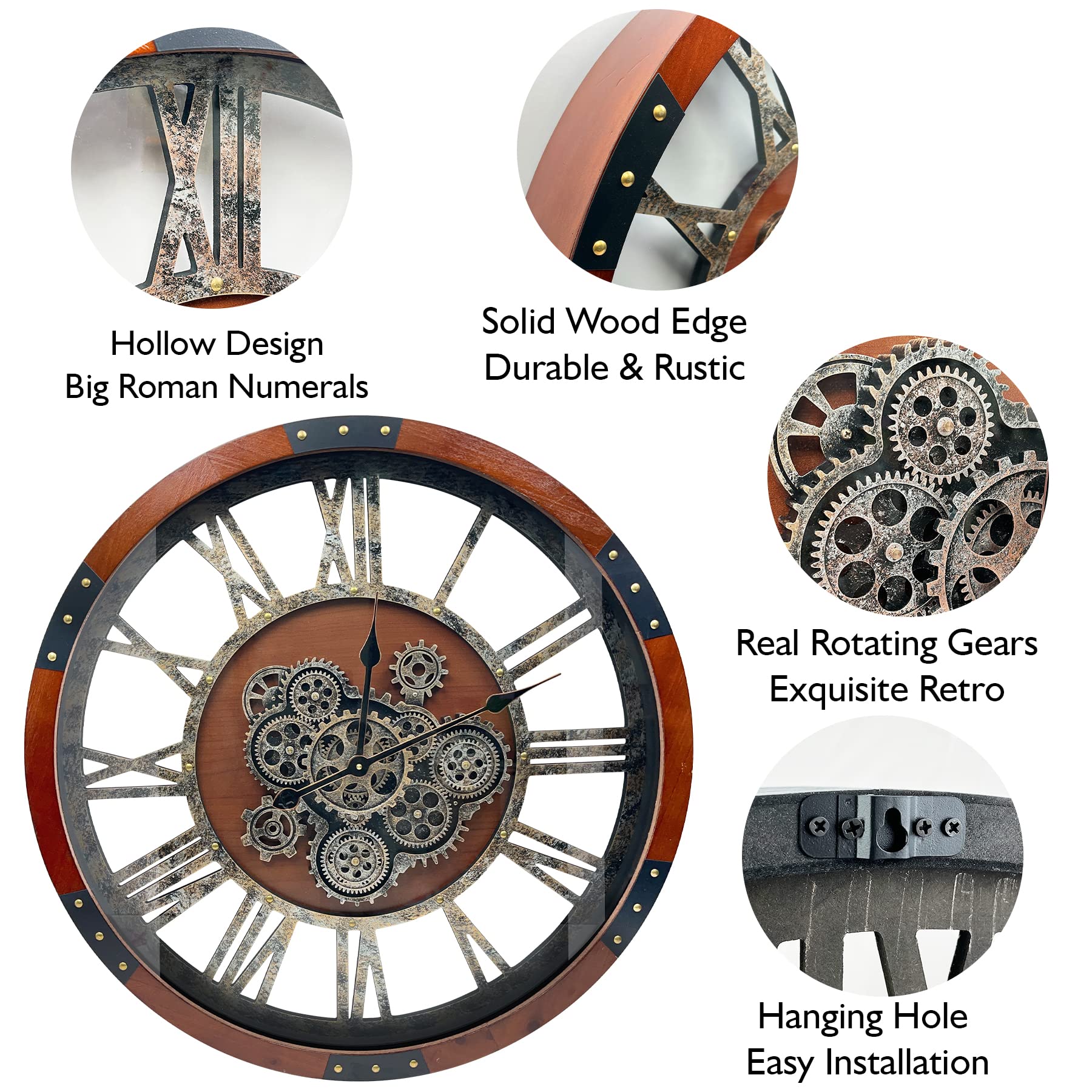 DORBOKER Real Moving Gears Wall Clock, Large Wall Clock for Living Room Kitchen (Black Walnut - Bronze Gears, 60cm / 24 inch)