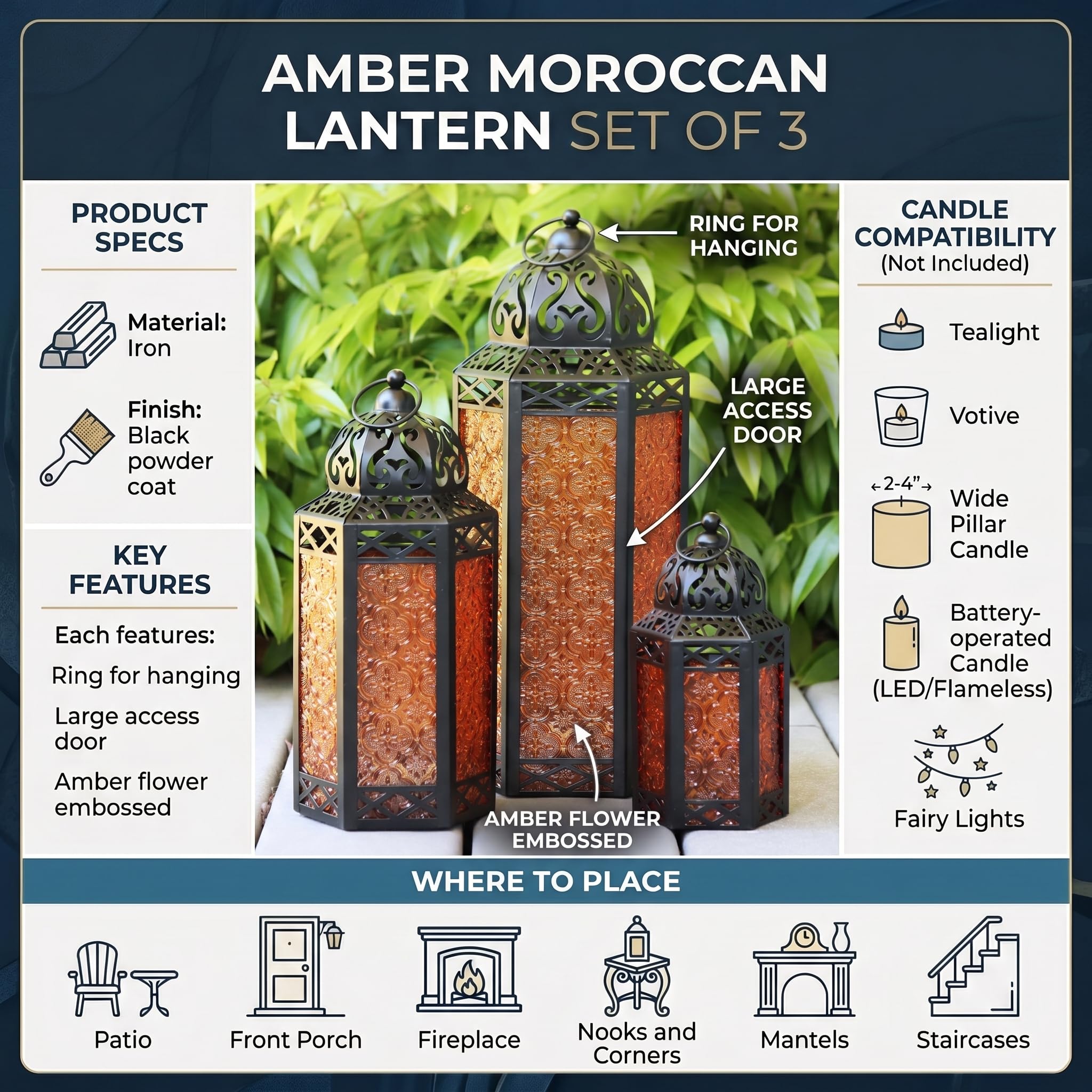 VELA LANTERNS Moroccan Candle Lantern Decorative Set of 3 for Floor, Ramadan Decorations, Indoor Home Decor, Outdoor Patio or Porch, Halloween, Weddings, Amber