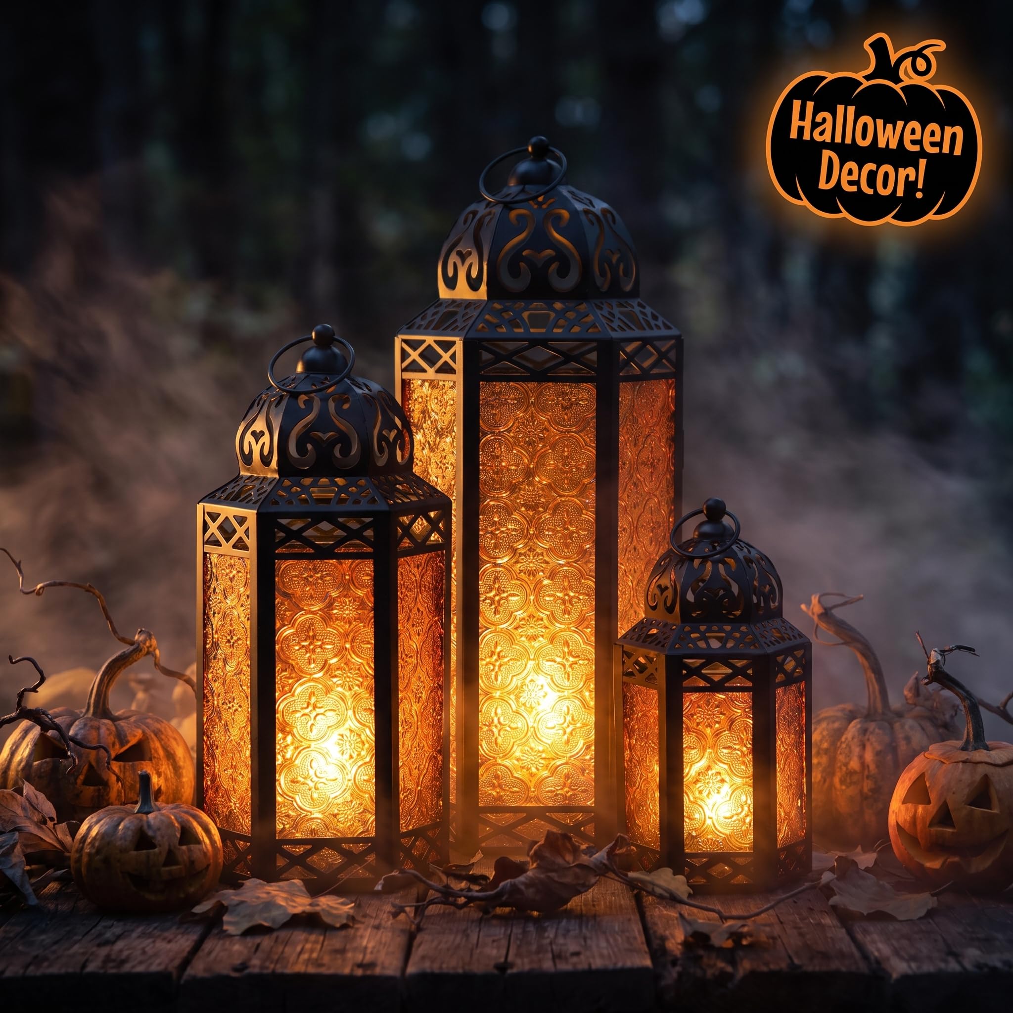 VELA LANTERNS Moroccan Candle Lantern Decorative Set of 3 for Floor, Ramadan Decorations, Indoor Home Decor, Outdoor Patio or Porch, Halloween, Weddings, Amber