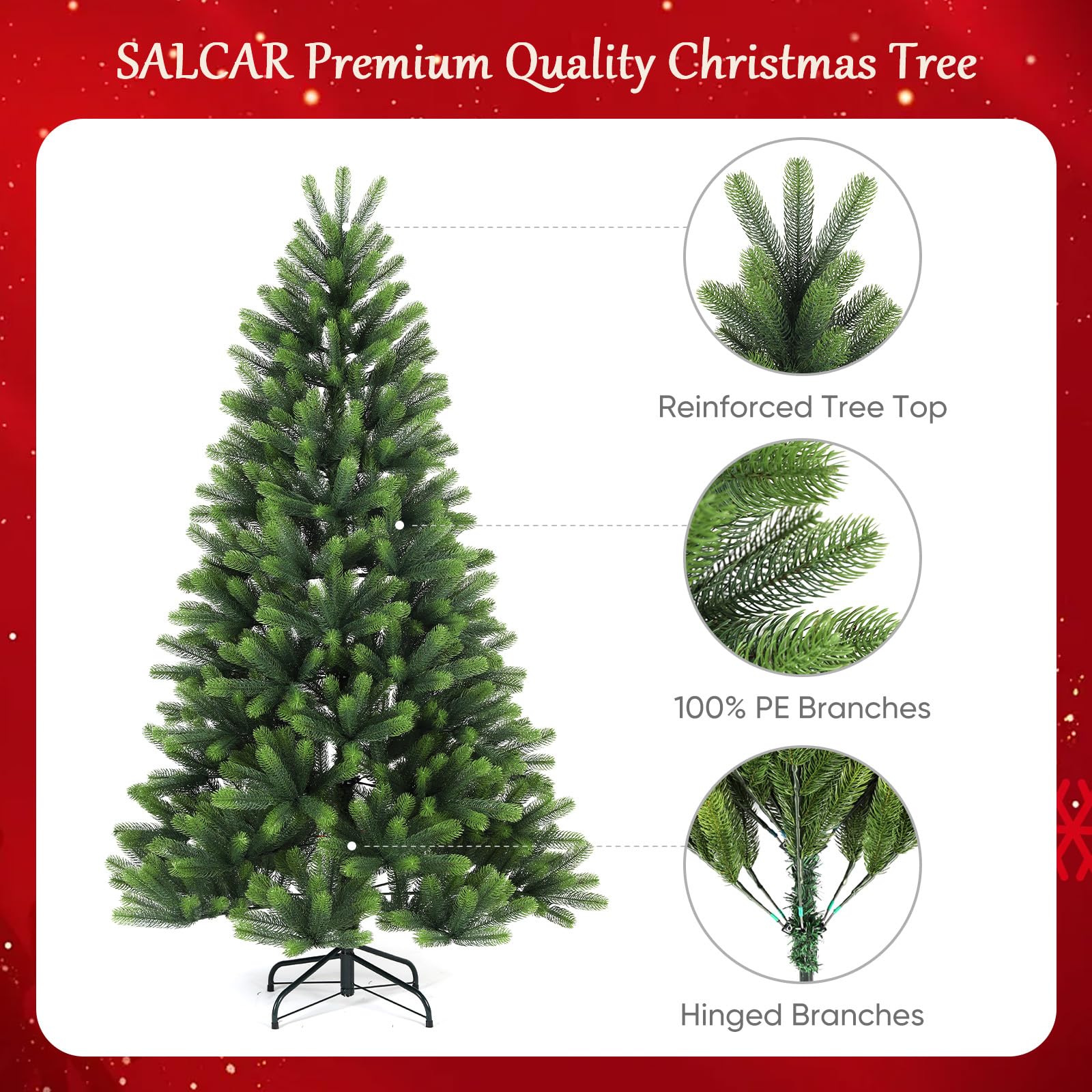 SALCAR 7ft Realistic Xmas Tree – Full & Bushy 100% PE Tips, Easy Setup with Sturdy Metal Stand, 210cm Artificial Christmas Tree for Indoor Festive Decor