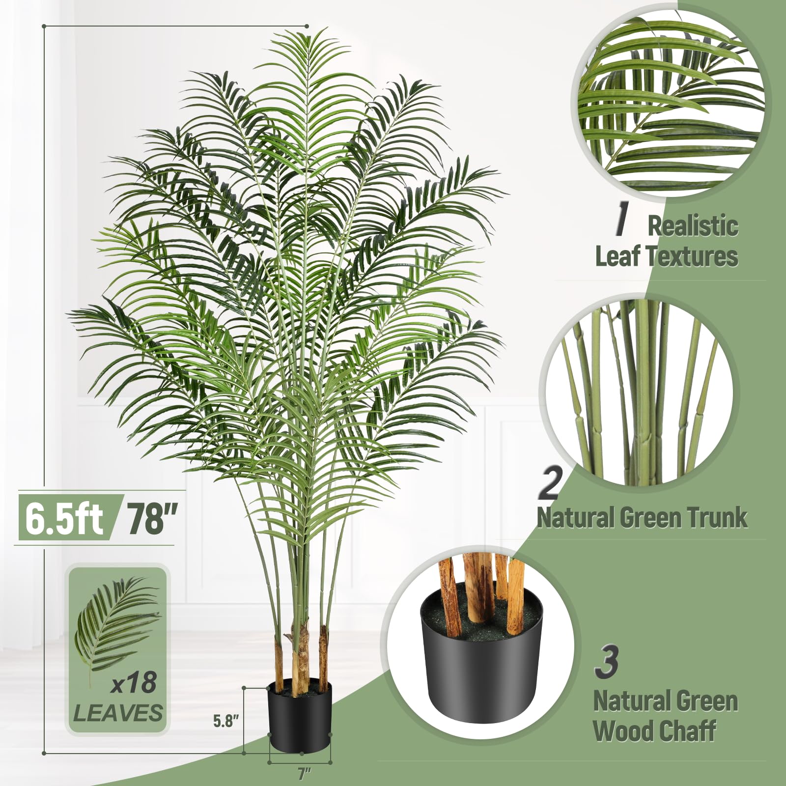 Keeplush Artificial Palm Tree 200cm Tall Fake Palm Tree Indoor Decor with 18 Trunks and Real Bark Design Faux Tropical Areca Silk Floor Plant in Pot for Home Office Living Room Bedroom Decor 2pcs