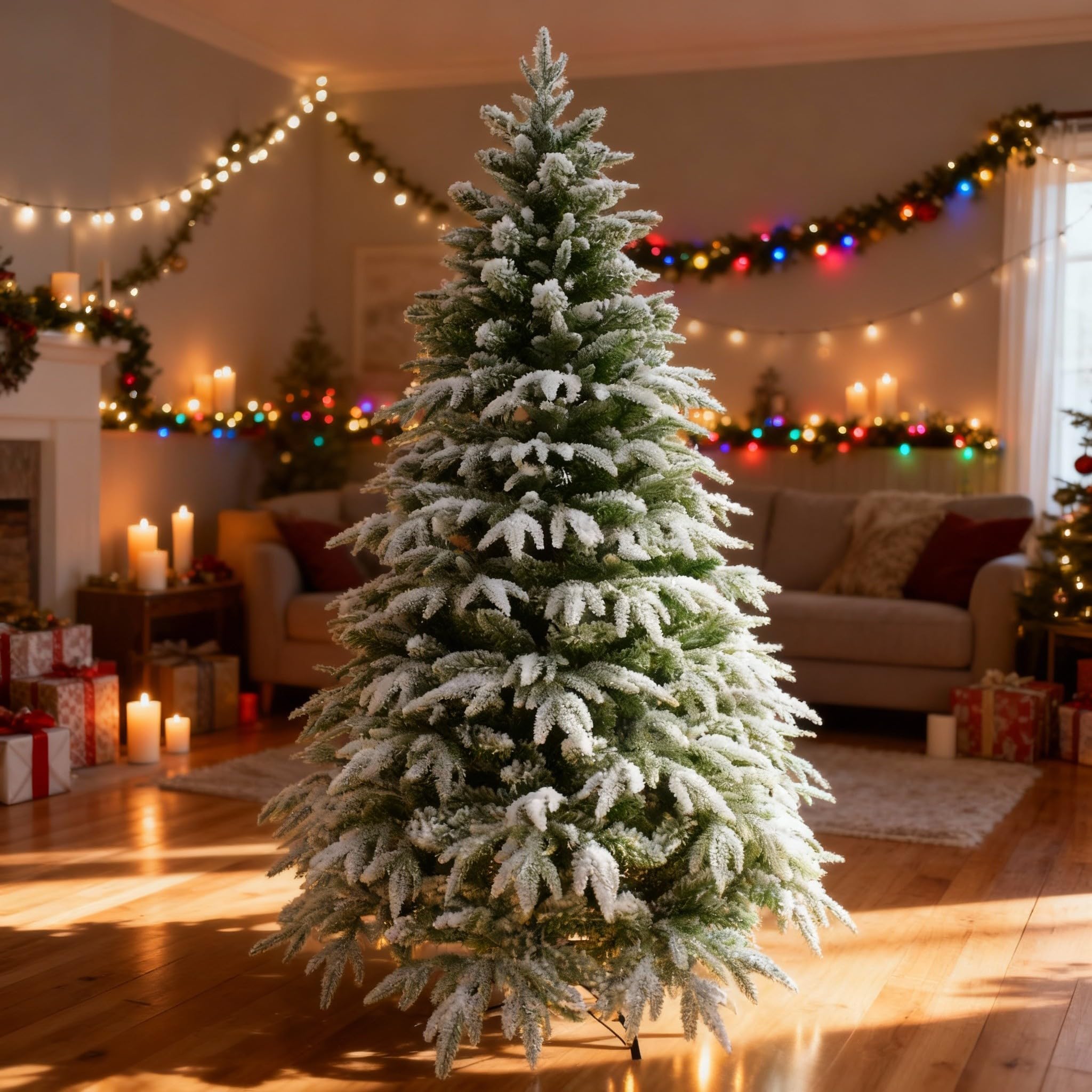 7ft/2.1m Lapland Fir Snow Covered Bushy Artificial Christmas Tree Flocked 1205 PE/PVC Tips Hinged Branches Metal Stand Xmas Home Snowy Decorations