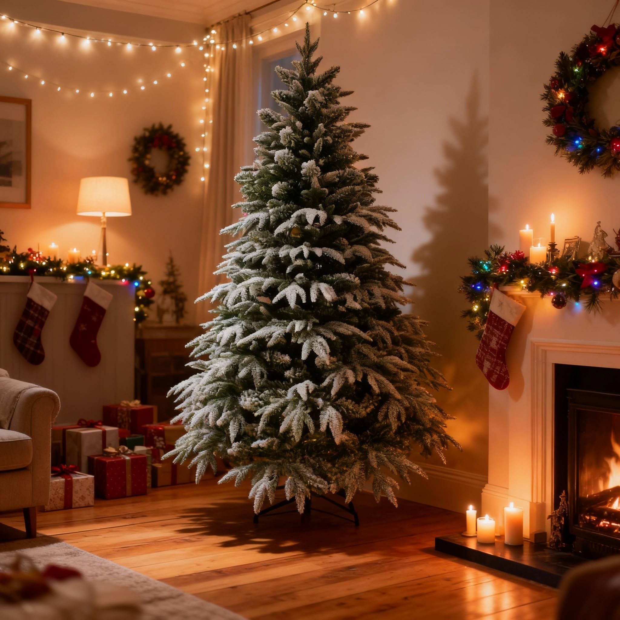 7ft/2.1m Lapland Fir Snow Covered Bushy Artificial Christmas Tree Flocked 1205 PE/PVC Tips Hinged Branches Metal Stand Xmas Home Snowy Decorations
