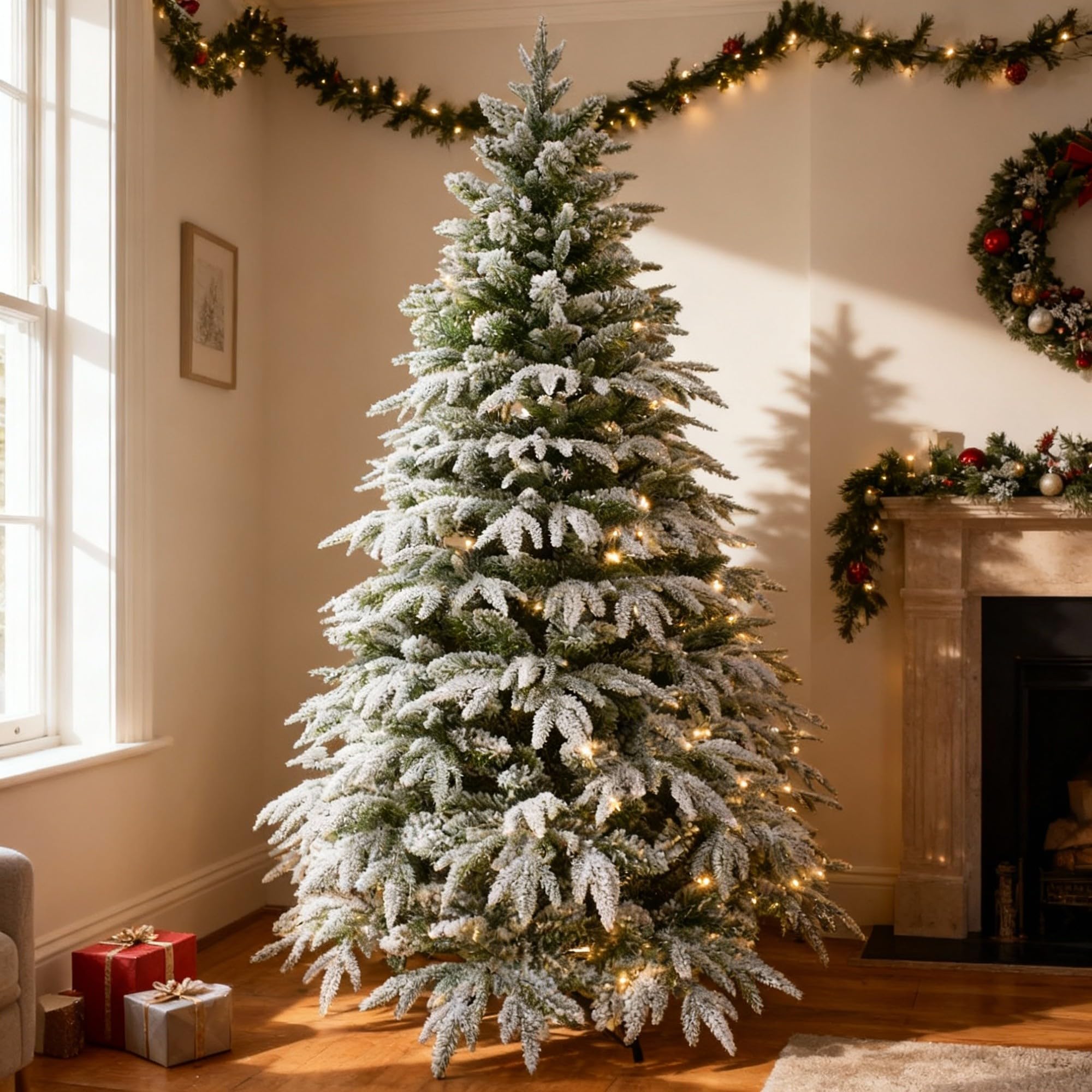 6ft/1.8m Pre-Lit Artificial Christmas Tree Lapland Fir - 260 LED Warm White Lights, Snow Flocked 935 PE/PVC Tips, Snowy Bushy Hinged Branches, Metal Stand for Xmas Home Decorations