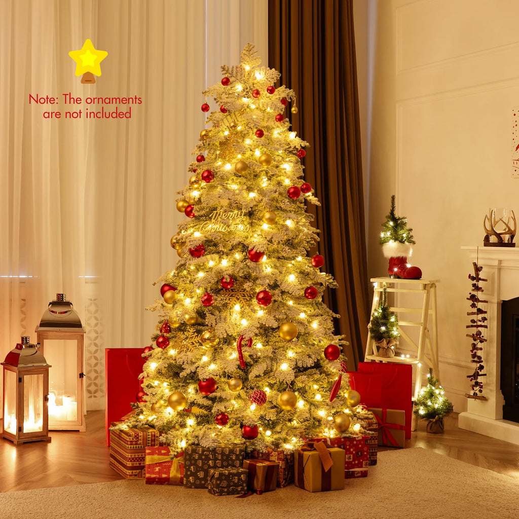 COSTWAY Pre-Lit Snow Flocked Christmas Tree, Hinged Artificial Xmas Tree with Warm-White LED Lights, Mixed Branch Tips, Foldable Metal Stand, Xmas Holiday Decor for Home Office (210 cm)
