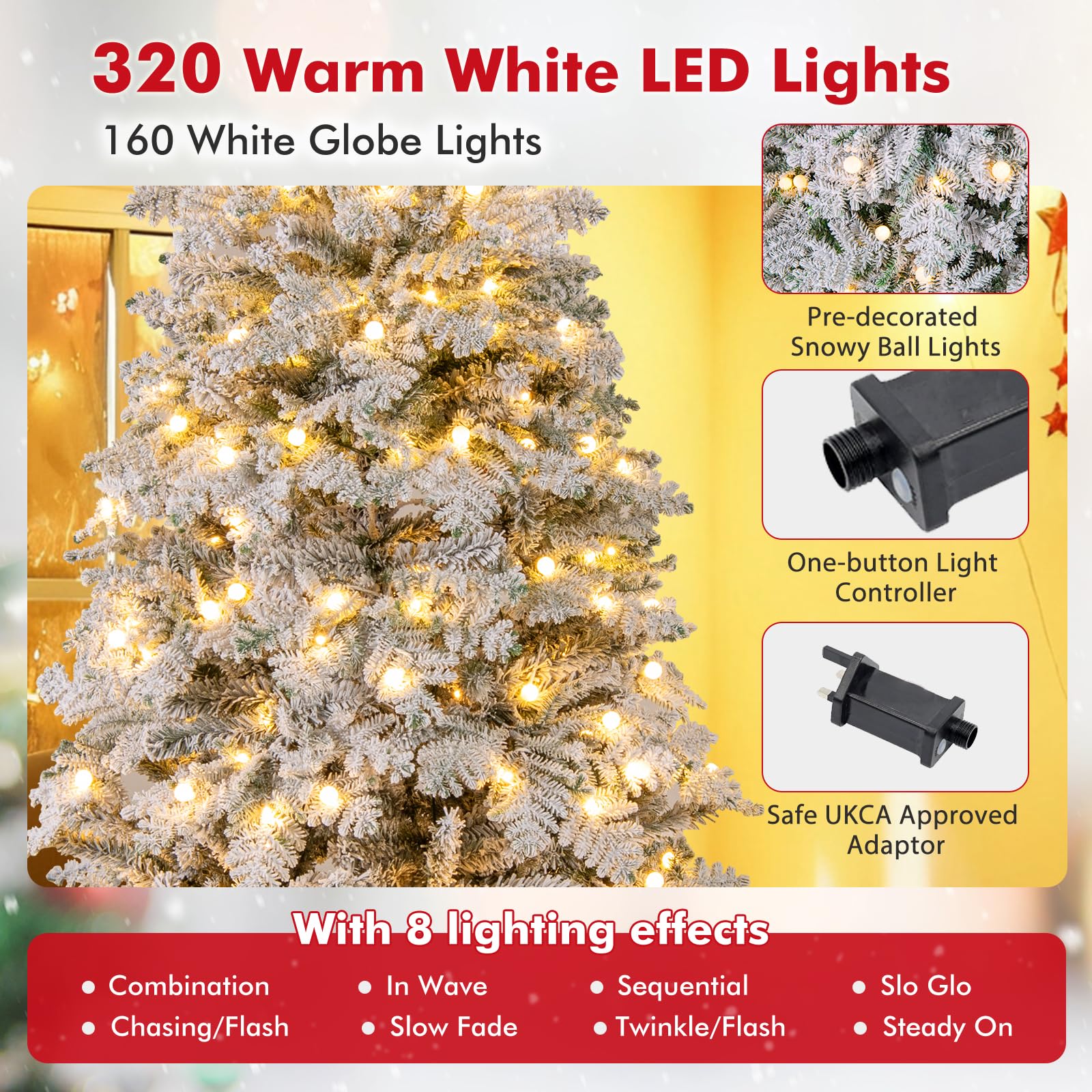 COSTWAY Pre-Lit Snow Flocked Christmas Tree, Hinged Artificial Xmas Tree with Warm-White LED Lights, Mixed Branch Tips, Foldable Metal Stand, Xmas Holiday Decor for Home Office (210 cm)