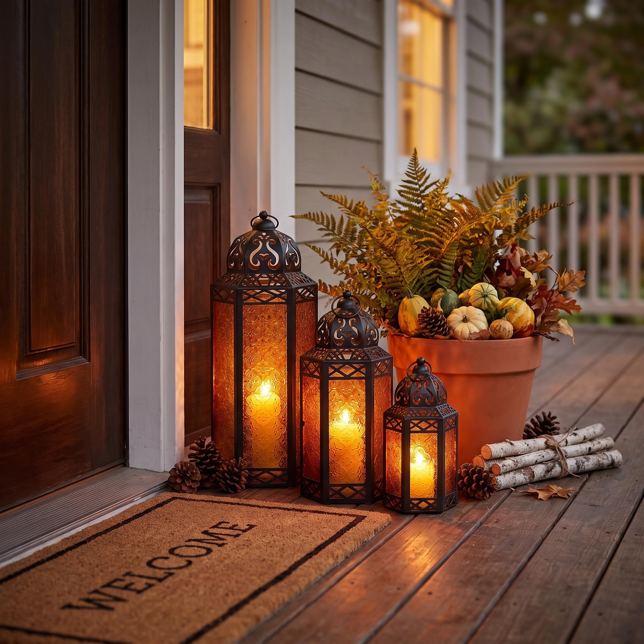 VELA LANTERNS Moroccan Candle Lantern Decorative Set of 3 for Floor, Ramadan Decorations, Indoor Home Decor, Outdoor Patio or Porch, Halloween, Weddings, Amber