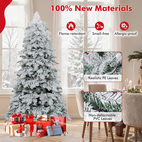 COSTWAY Pre-Lit Snow Flocked Christmas Tree, Hinged Artificial Xmas Tree with Warm-White LED Lights, Mixed Branch Tips, Foldable Metal Stand, Xmas Holiday Decor for Home Office (210 cm)