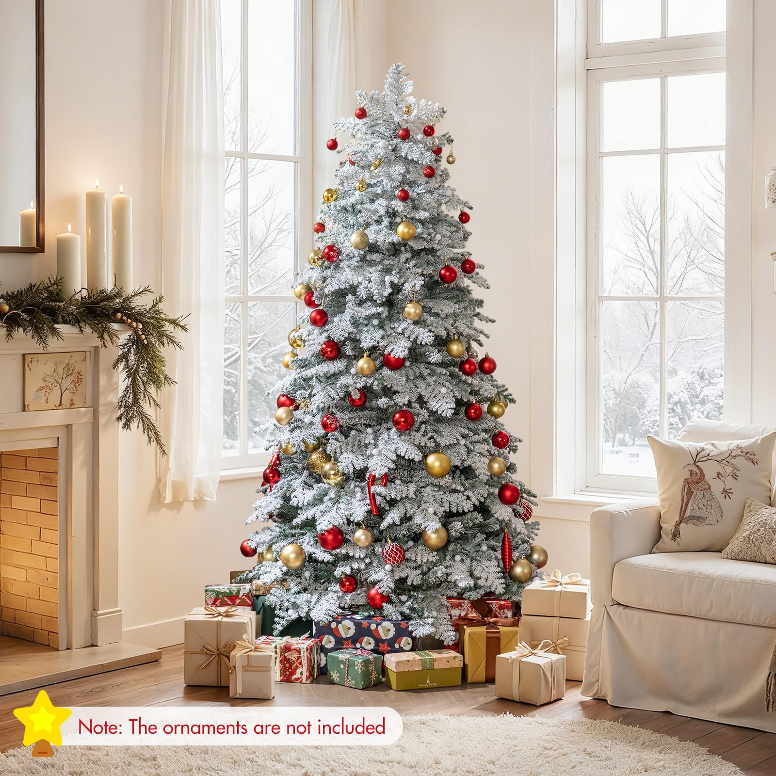 COSTWAY Pre-Lit Snow Flocked Christmas Tree, Hinged Artificial Xmas Tree with Warm-White LED Lights, Mixed Branch Tips, Foldable Metal Stand, Xmas Holiday Decor for Home Office (210 cm)
