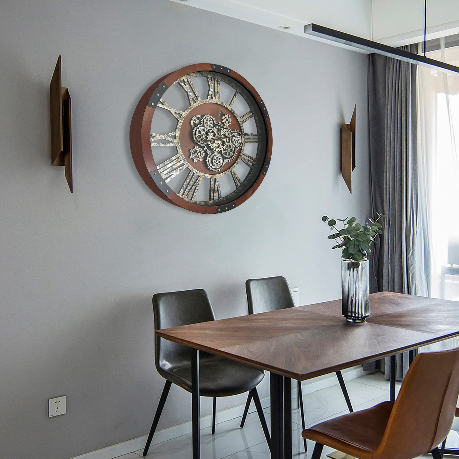 DORBOKER Real Moving Gears Wall Clock, Large Wall Clock for Living Room Kitchen (Black Walnut - Bronze Gears, 60cm / 24 inch)