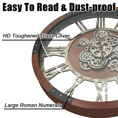 DORBOKER Real Moving Gears Wall Clock, Large Wall Clock for Living Room Kitchen (Black Walnut - Bronze Gears, 60cm / 24 inch)