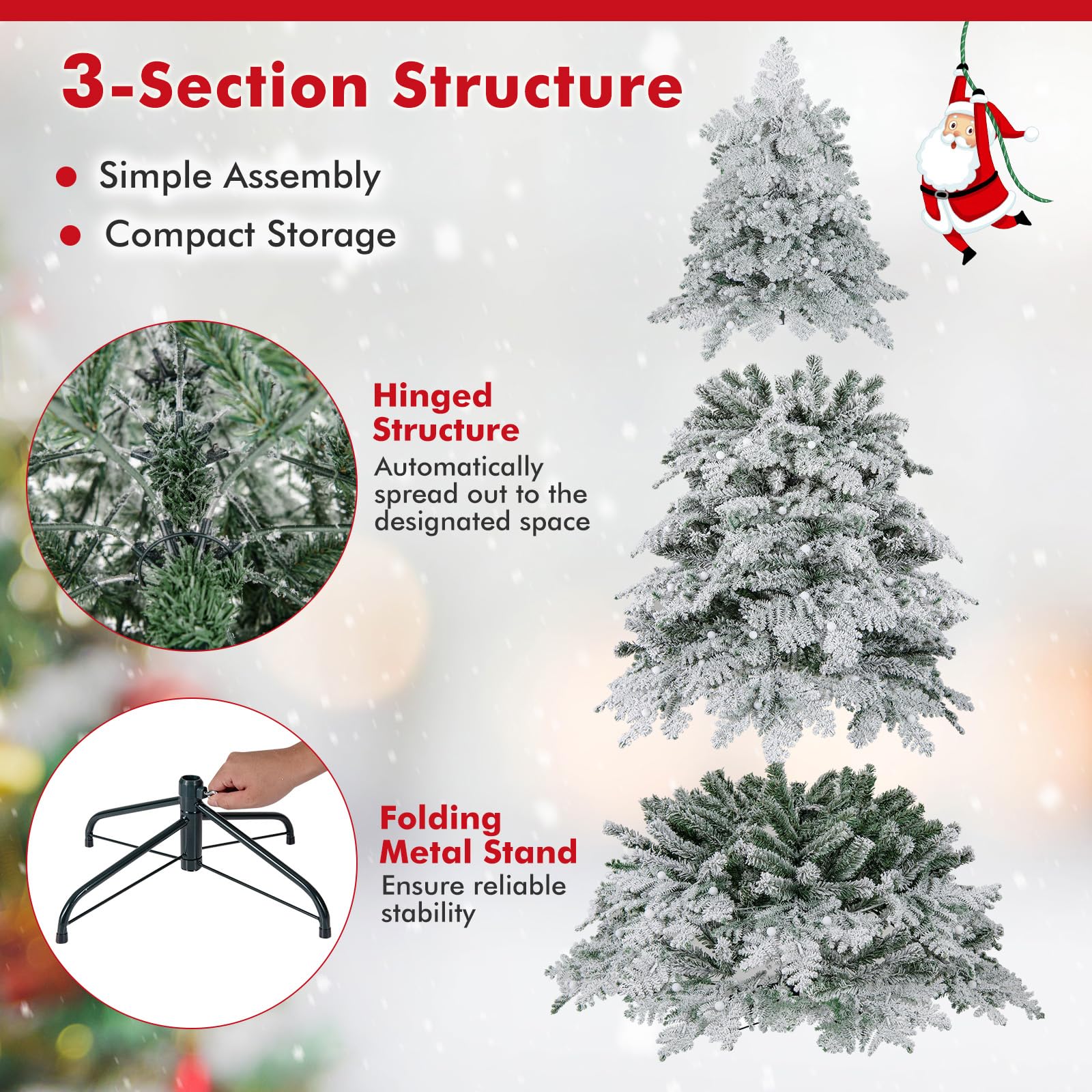 COSTWAY Pre-Lit Snow Flocked Christmas Tree, Hinged Artificial Xmas Tree with Warm-White LED Lights, Mixed Branch Tips, Foldable Metal Stand, Xmas Holiday Decor for Home Office (210 cm)