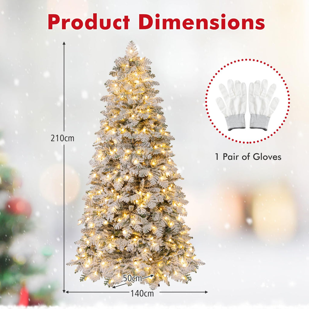 COSTWAY Pre-Lit Snow Flocked Christmas Tree, Hinged Artificial Xmas Tree with Warm-White LED Lights, Mixed Branch Tips, Foldable Metal Stand, Xmas Holiday Decor for Home Office (210 cm)