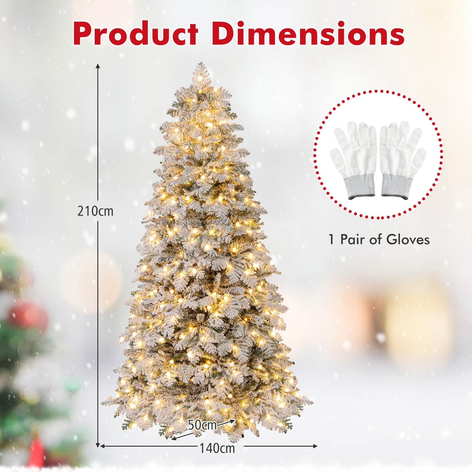 COSTWAY Pre-Lit Snow Flocked Christmas Tree, Hinged Artificial Xmas Tree with Warm-White LED Lights, Mixed Branch Tips, Foldable Metal Stand, Xmas Holiday Decor for Home Office (210 cm)