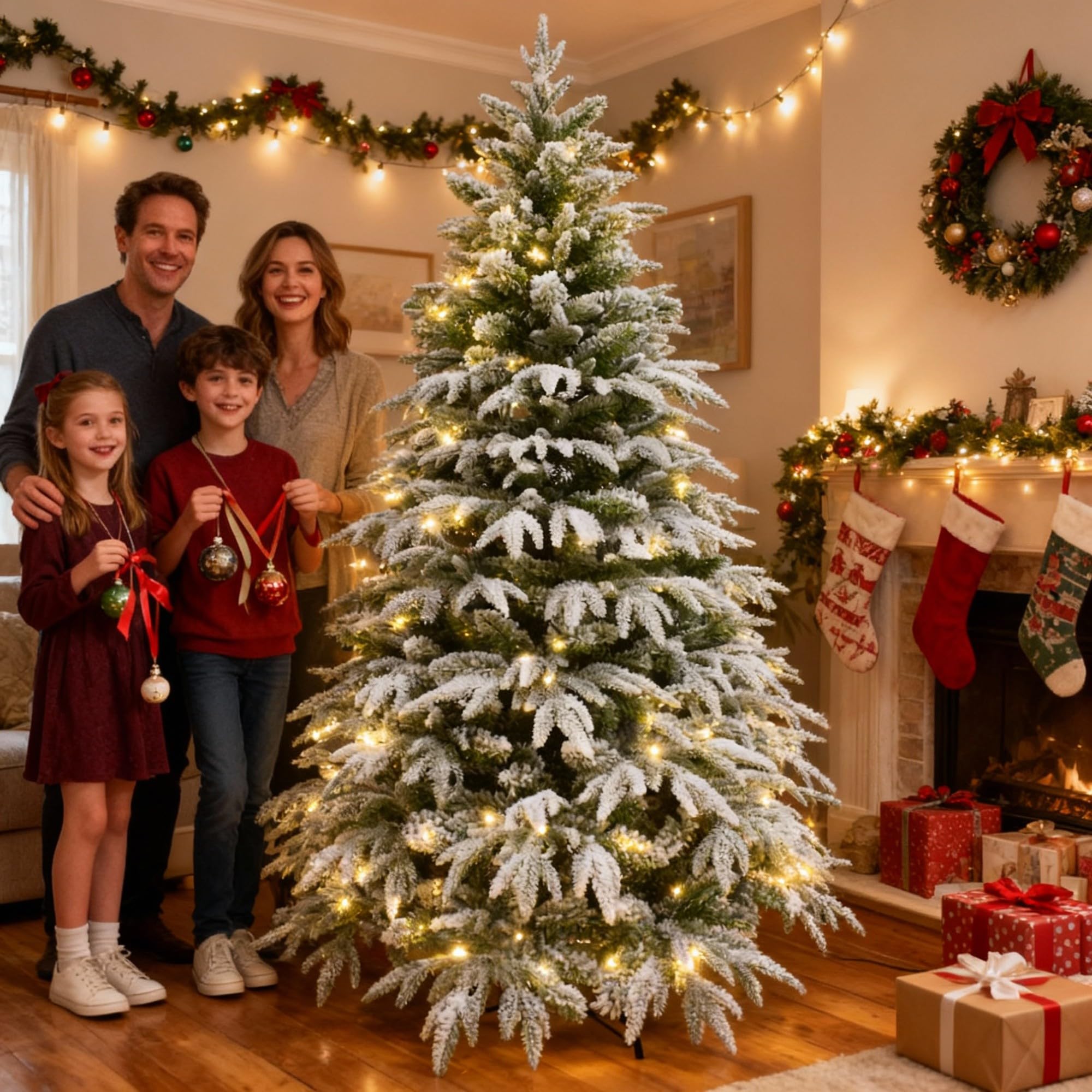 6ft/1.8m Pre-Lit Artificial Christmas Tree Lapland Fir - 260 LED Warm White Lights, Snow Flocked 935 PE/PVC Tips, Snowy Bushy Hinged Branches, Metal Stand for Xmas Home Decorations
