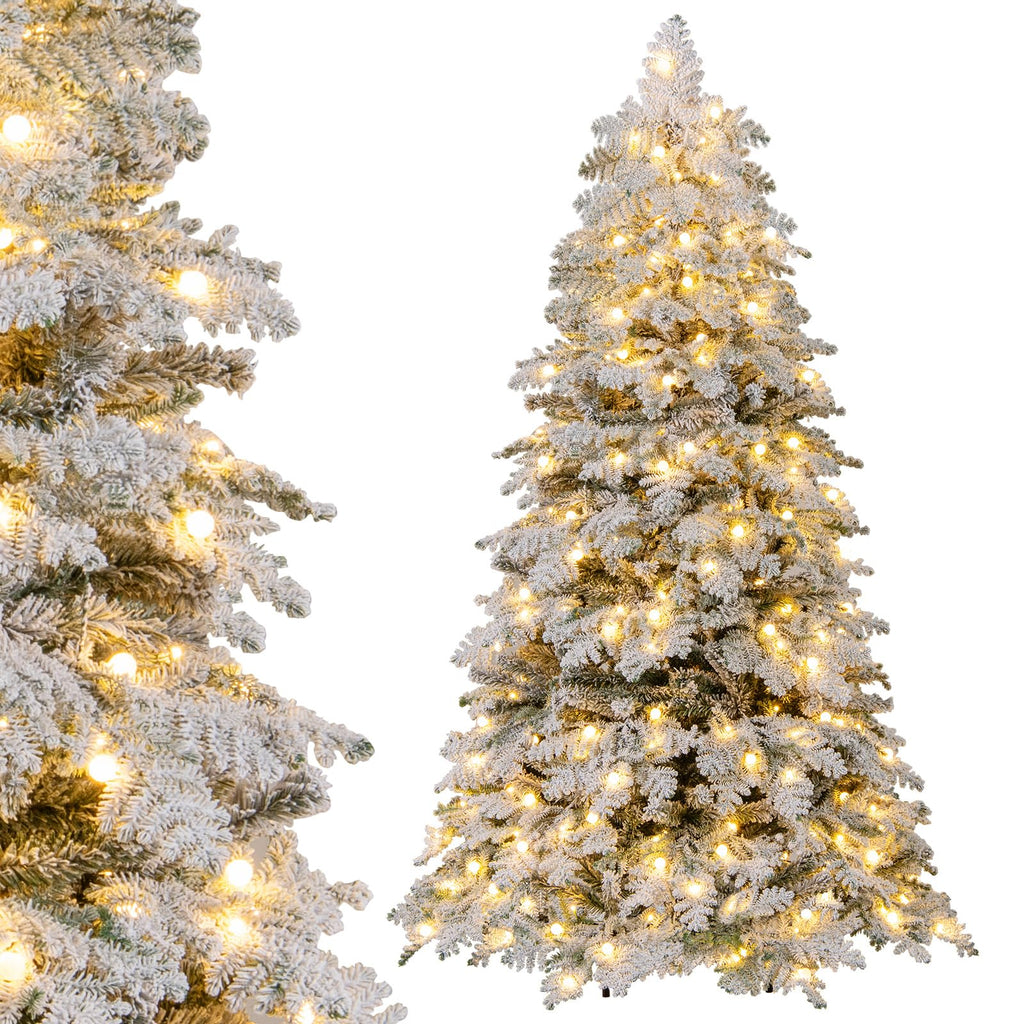 COSTWAY Pre-Lit Snow Flocked Christmas Tree, Hinged Artificial Xmas Tree with Warm-White LED Lights, Mixed Branch Tips, Foldable Metal Stand, Xmas Holiday Decor for Home Office (210 cm)
