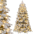 COSTWAY Pre-Lit Snow Flocked Christmas Tree, Hinged Artificial Xmas Tree with Warm-White LED Lights, Mixed Branch Tips, Foldable Metal Stand, Xmas Holiday Decor for Home Office (210 cm)