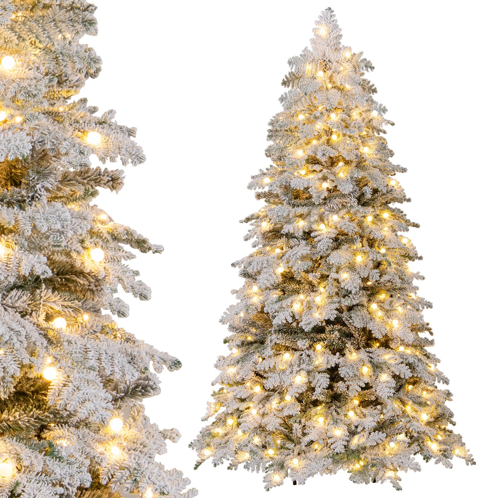 COSTWAY Pre-Lit Snow Flocked Christmas Tree, Hinged Artificial Xmas Tree with Warm-White LED Lights, Mixed Branch Tips, Foldable Metal Stand, Xmas Holiday Decor for Home Office (210 cm)