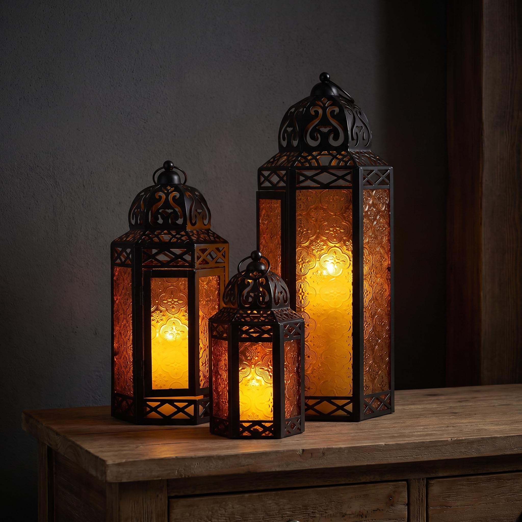 VELA LANTERNS Moroccan Candle Lantern Decorative Set of 3 for Floor, Ramadan Decorations, Indoor Home Decor, Outdoor Patio or Porch, Halloween, Weddings, Amber