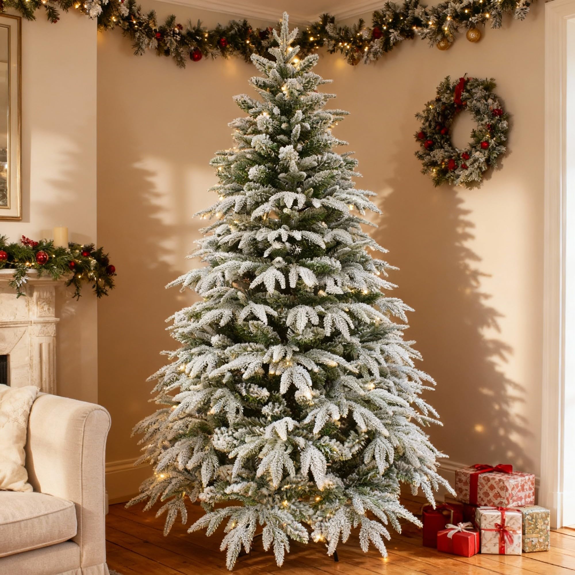 6ft/1.8m Pre-Lit Artificial Christmas Tree Lapland Fir - 260 LED Warm White Lights, Snow Flocked 935 PE/PVC Tips, Snowy Bushy Hinged Branches, Metal Stand for Xmas Home Decorations