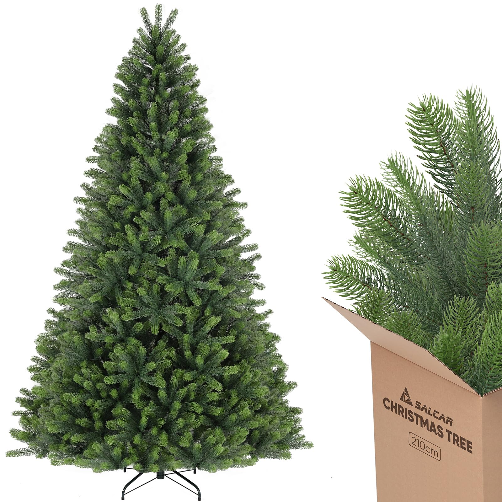 SALCAR 7ft Realistic Xmas Tree – Full & Bushy 100% PE Tips, Easy Setup with Sturdy Metal Stand, 210cm Artificial Christmas Tree for Indoor Festive Decor