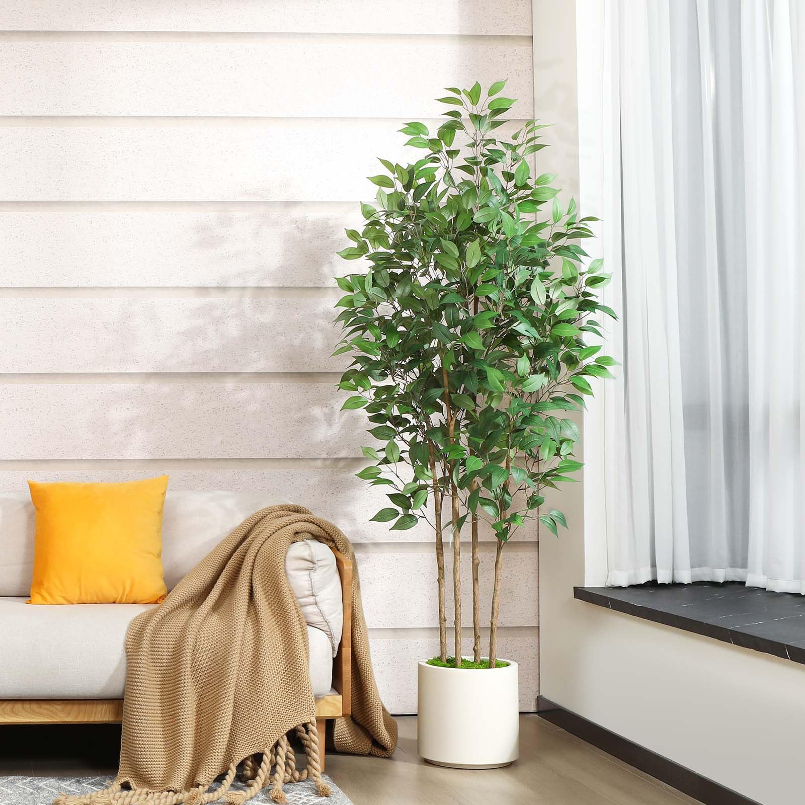 SOGUYI Ficus Artificial Tree 180cm Fake Silk Plant for Home Decor Indoor, Faux Floor Tree in White Imitation Ceramic Planter with Green Fake Moss for Home Office Corner Indoor Decor, Set of 1