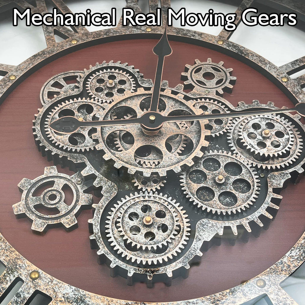 DORBOKER Real Moving Gears Wall Clock, Large Wall Clock for Living Room Kitchen (Black Walnut - Bronze Gears, 60cm / 24 inch)