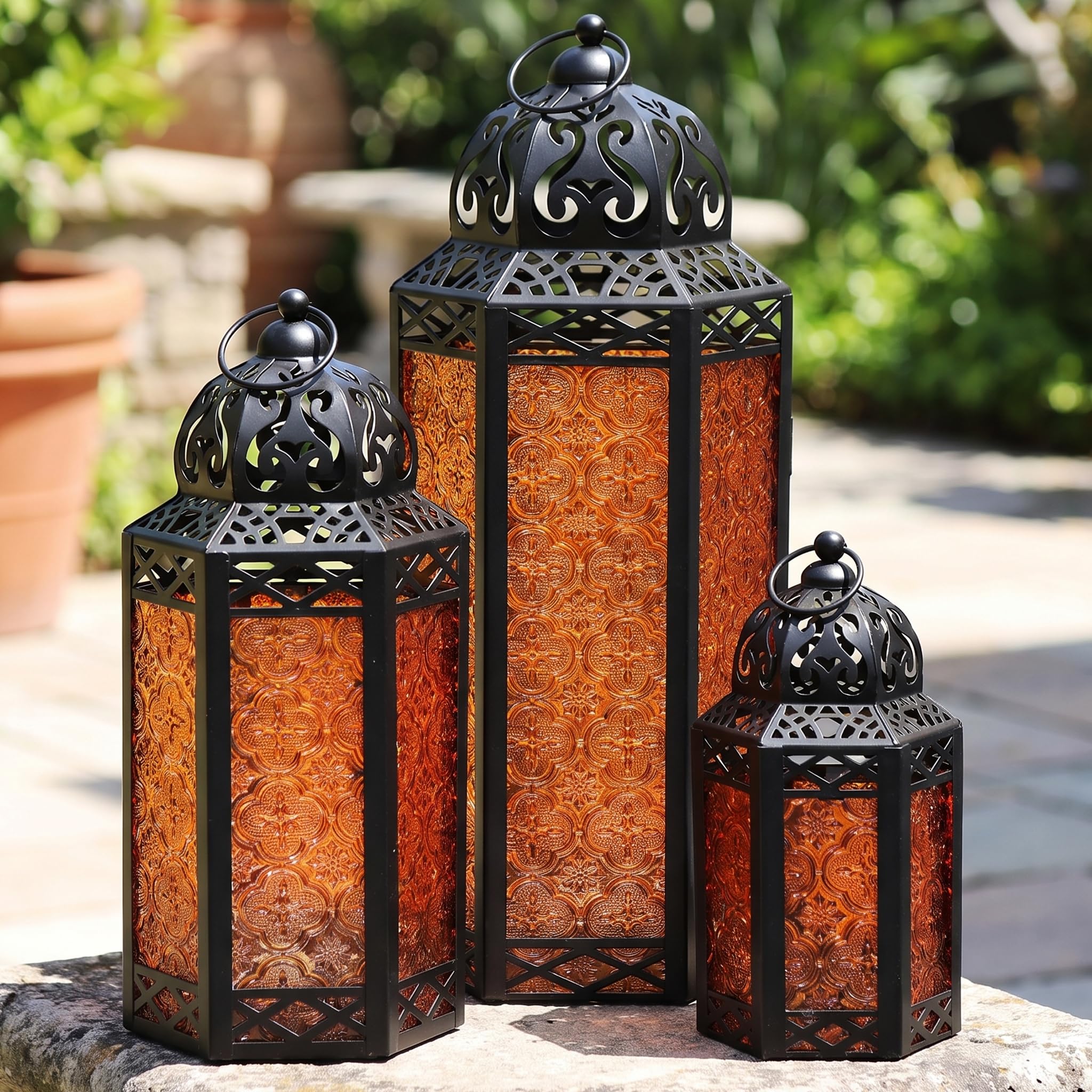 VELA LANTERNS Moroccan Candle Lantern Decorative Set of 3 for Floor, Ramadan Decorations, Indoor Home Decor, Outdoor Patio or Porch, Halloween, Weddings, Amber