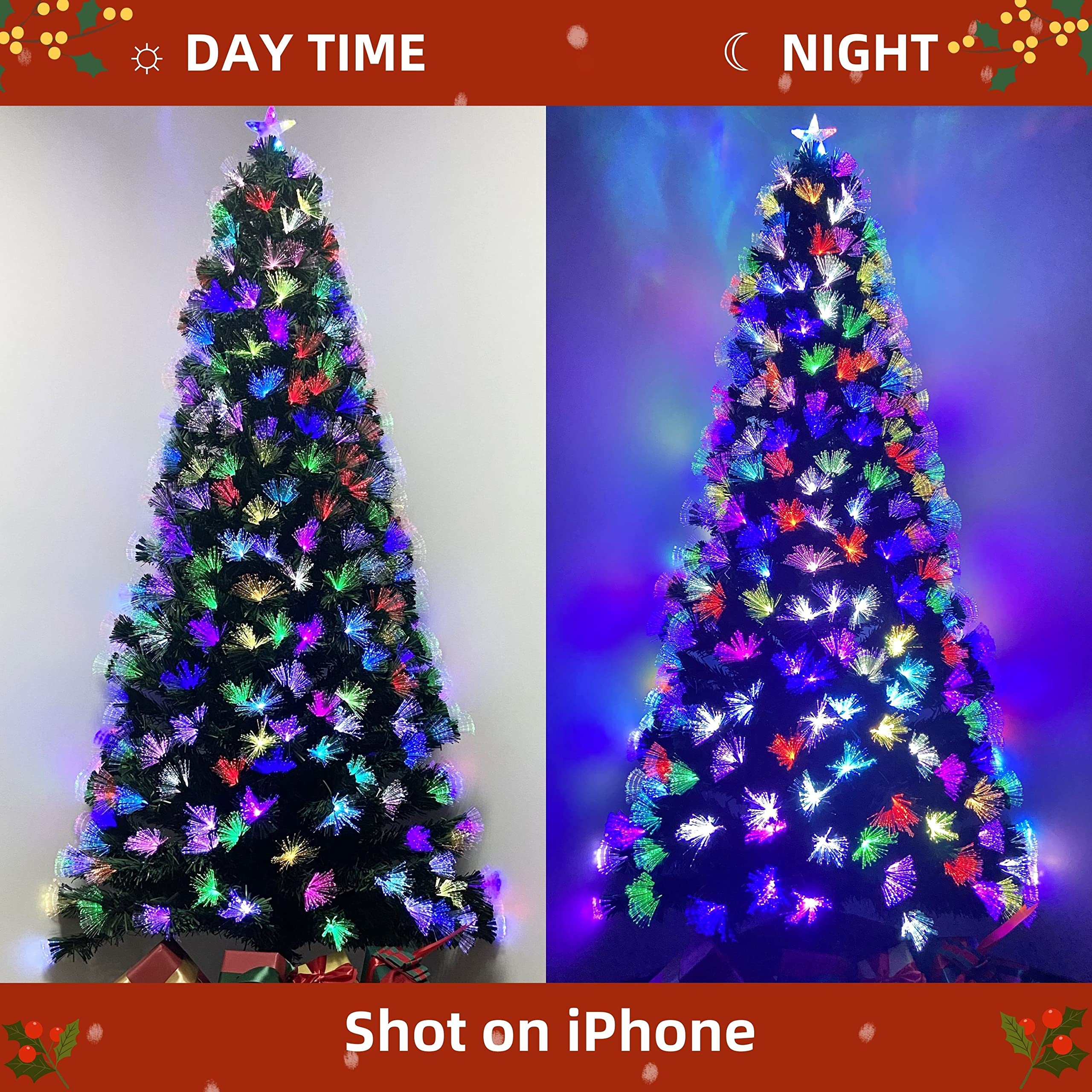 Asinse 7ft Fiber Optic Artificial Christmas Tree, LED Pre-Lit Xmas Tree with Topper and Multicolor Flower Lights, Automatic Colour Changing Tree, Holiday Home Xmas Decoration (7FT/210CM, Type 2)