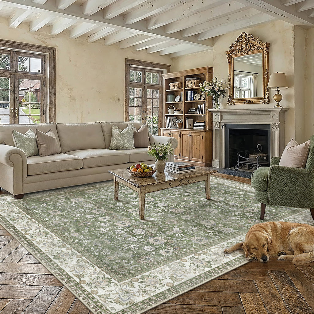 PureCozy Green Washable Rugs Living Room 240x300cm Large Vintage Carpet