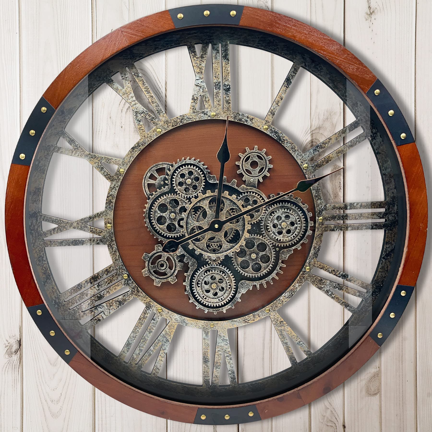 DORBOKER Real Moving Gears Wall Clock, Large Wall Clock for Living Room Kitchen (Black Walnut - Bronze Gears, 60cm / 24 inch)