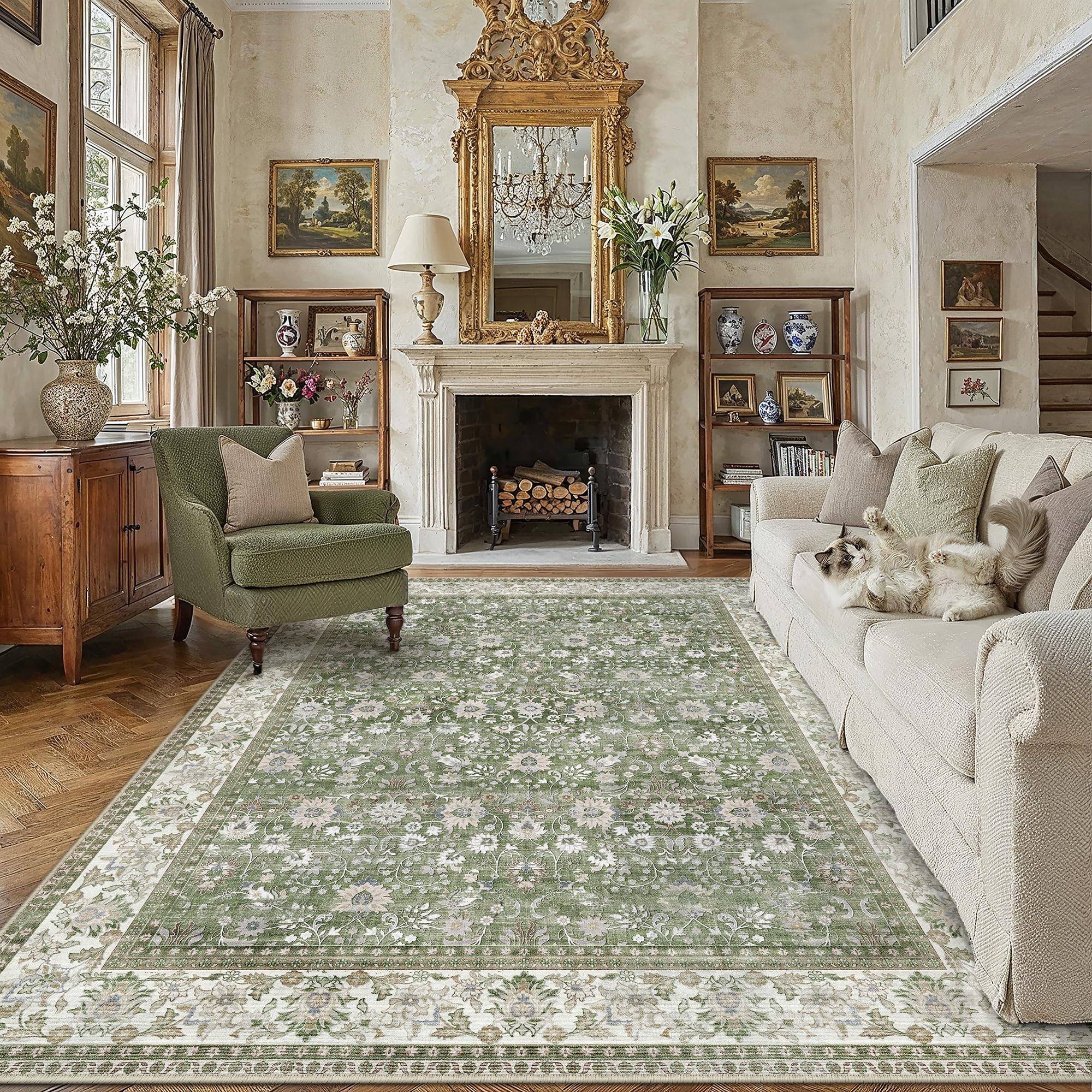 PureCozy Green Washable Rugs Living Room 240x300cm Large Vintage Carpet